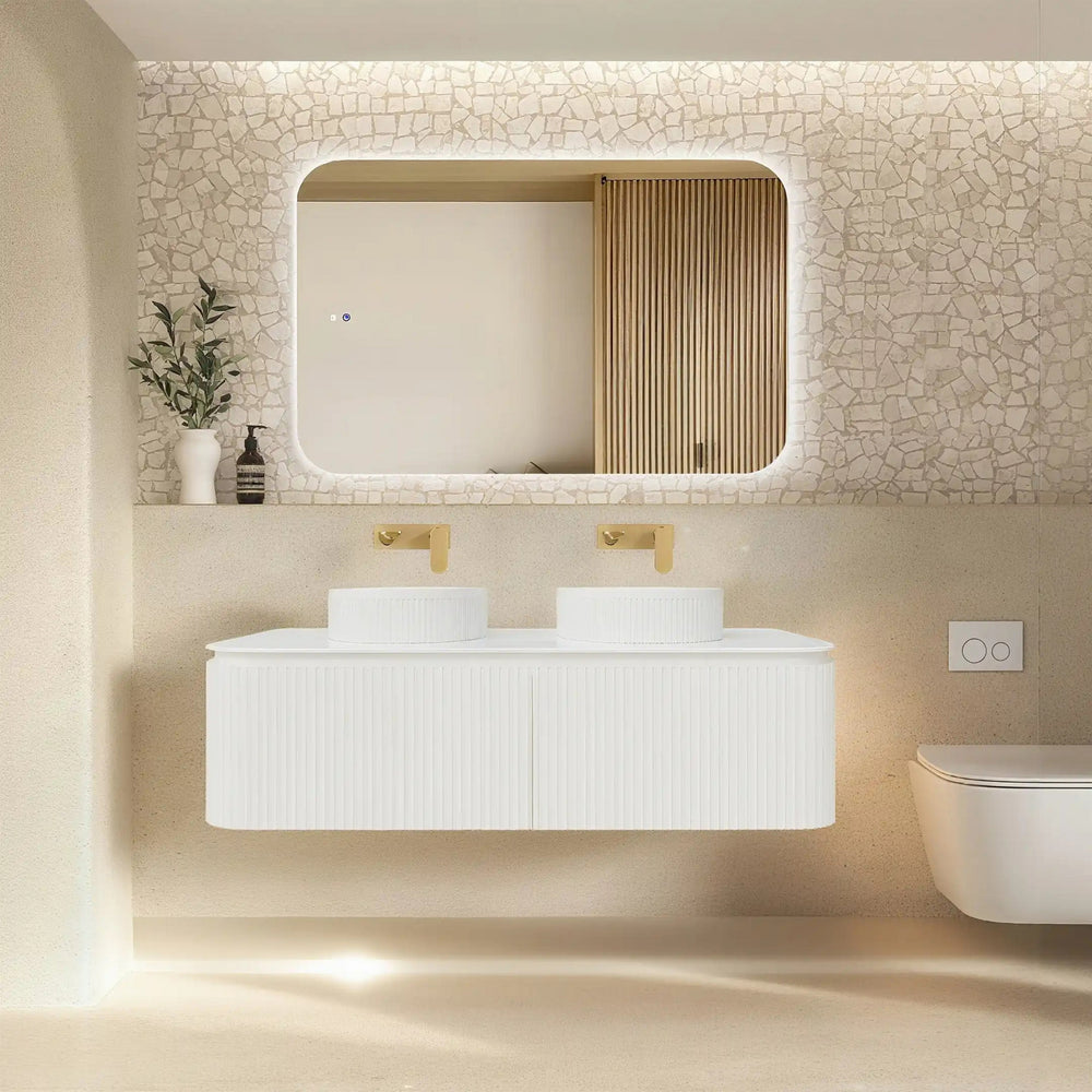 VITO NOOSA MATTE WHITE 1800MM FLUTED CURVED DOUBLE BOWL WALL HUNG VANITY