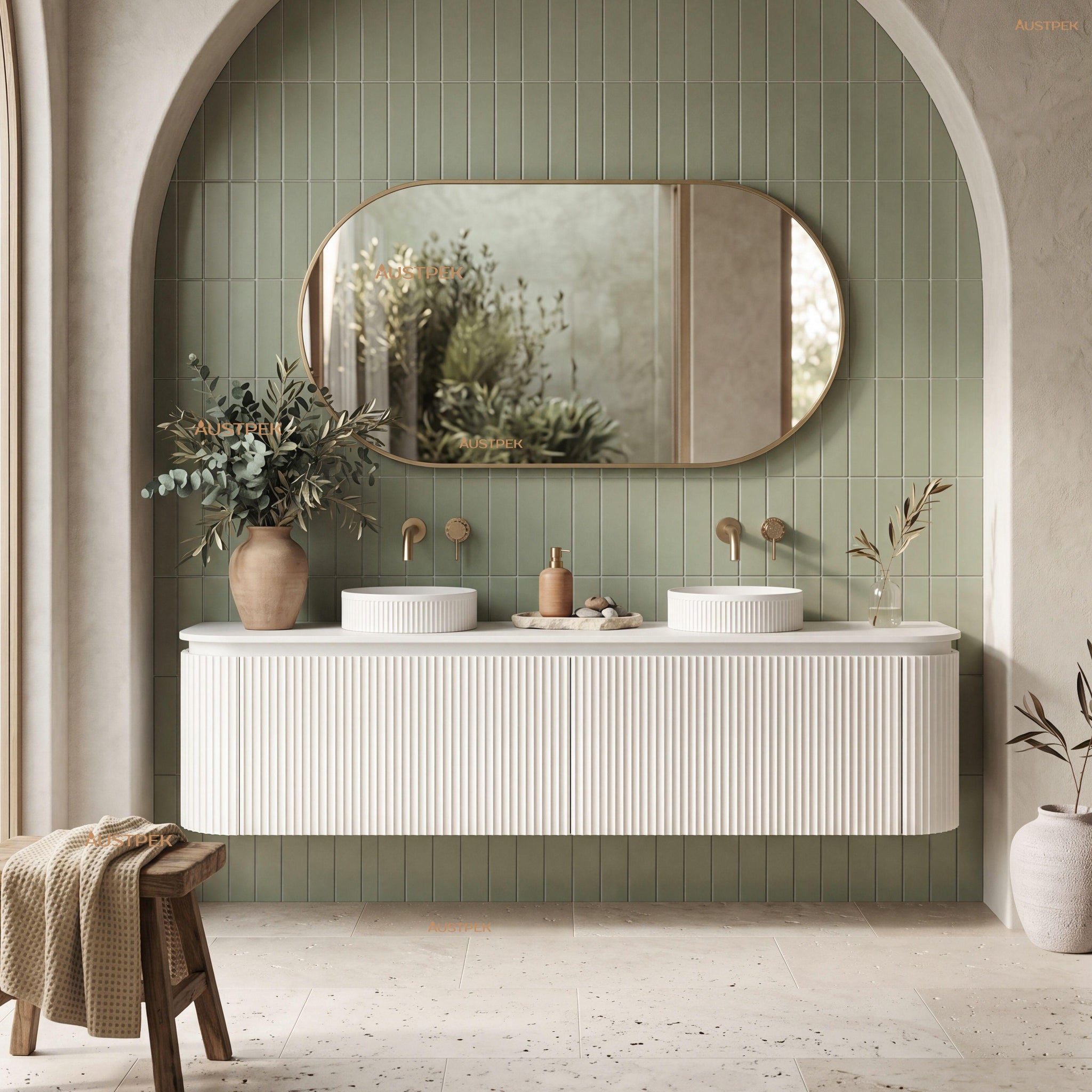 VITO NOOSA MATTE WHITE 1800MM FLUTED CURVED DOUBLE BOWL WALL HUNG VANITY