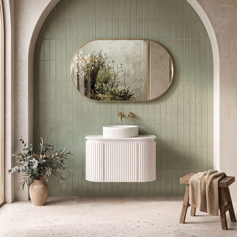 VITO NOOSA MATTE WHITE 600MM FLUTED CURVED SINGLE BOWL WALL HUNG VANITY