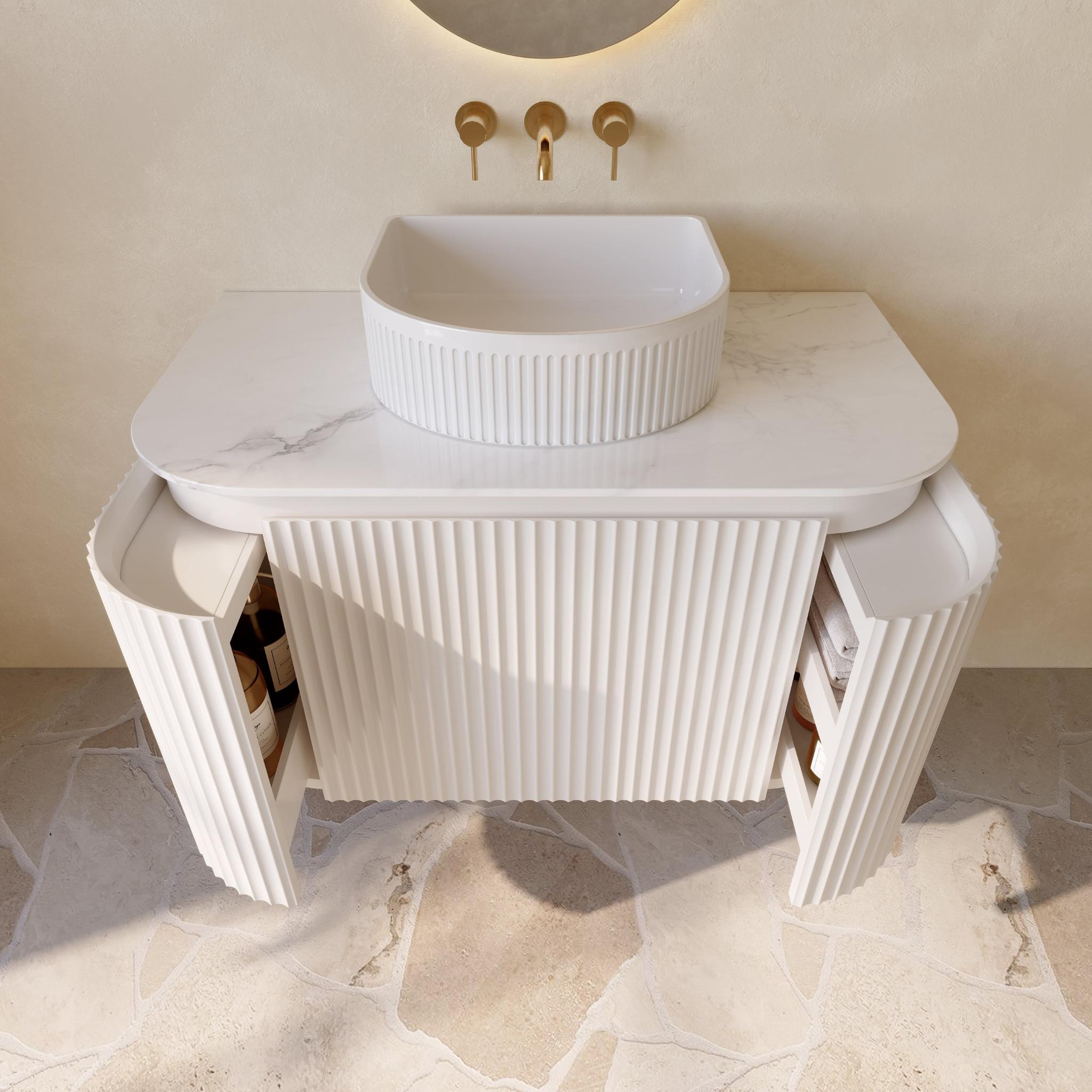 VITO NOOSA MATTE WHITE 900MM FLUTED CURVED SINGLE BOWL WALL HUNG VANITY
