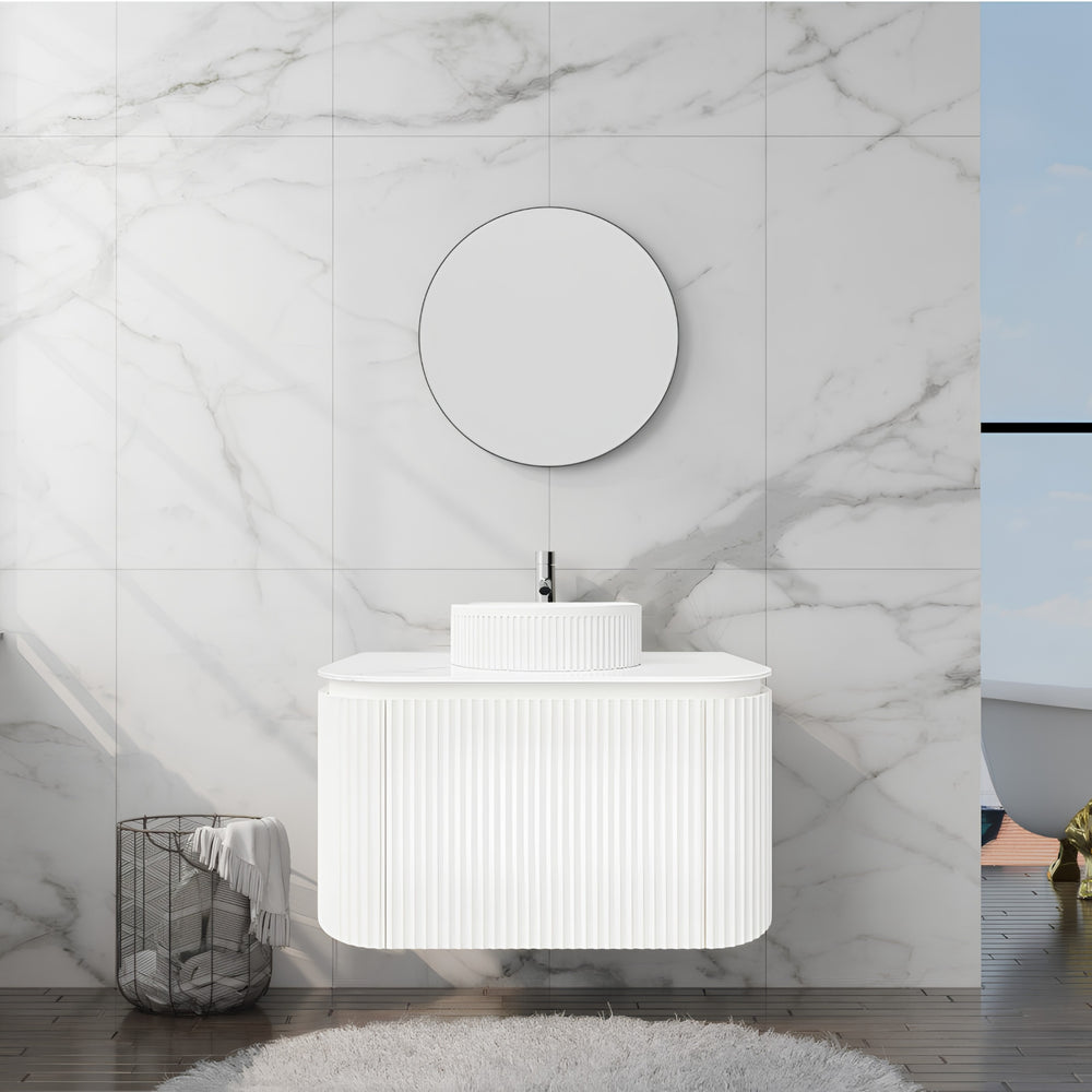 VITO NOOSA MATTE WHITE 750MM FLUTED CURVED SINGLE BOWL WALL HUNG VANITY