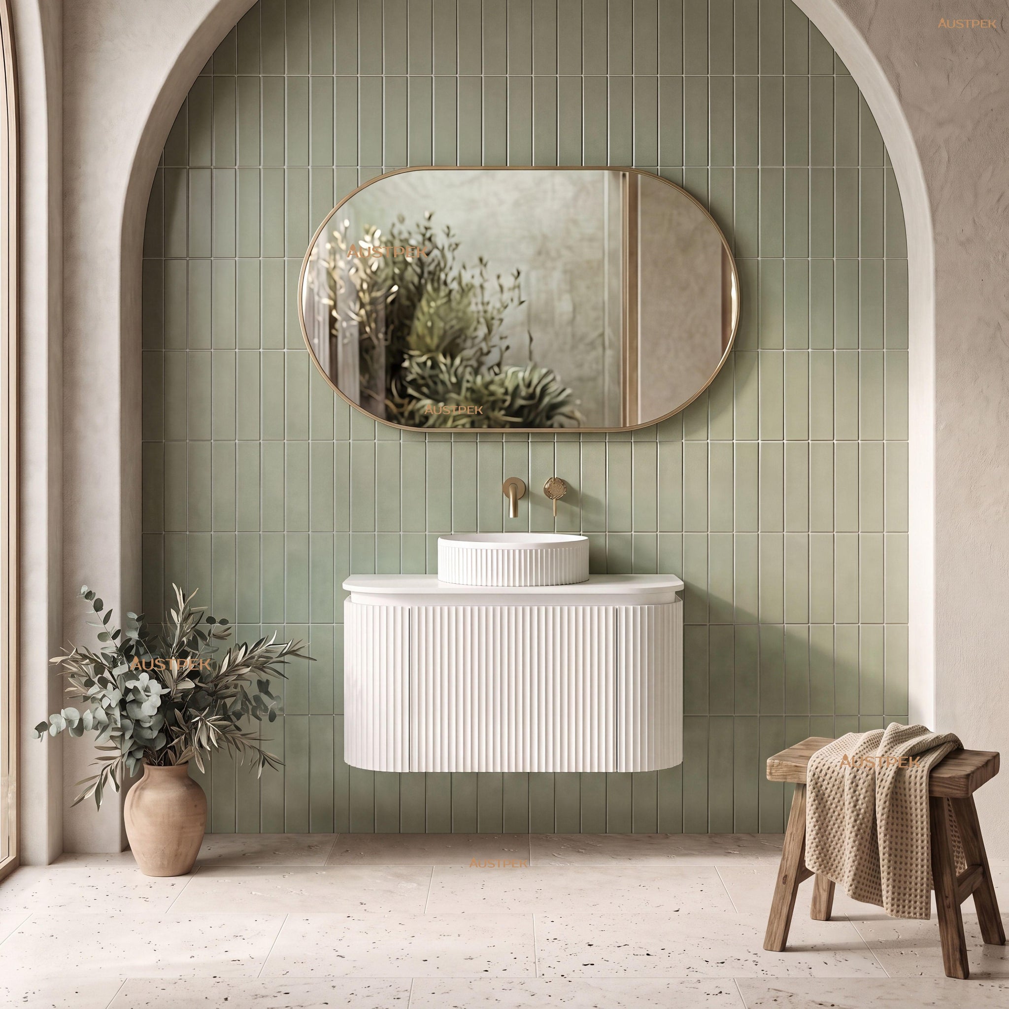 VITO NOOSA MATTE WHITE 750MM FLUTED CURVED SINGLE BOWL WALL HUNG VANITY
