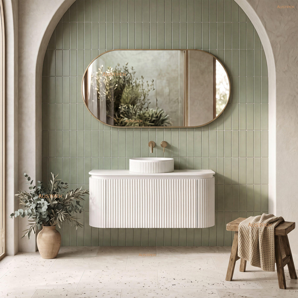 VITO NOOSA MATTE WHITE 900MM FLUTED CURVED SINGLE BOWL WALL HUNG VANITY