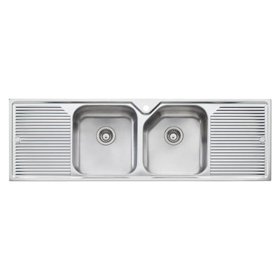 OLIVERI NU-PETITE DOUBLE BOWL TOPMOUNT KITCHEN SINK WITH TAPHOLE & DOUBLE DRAINER STAINLESS STEEL 1550MM