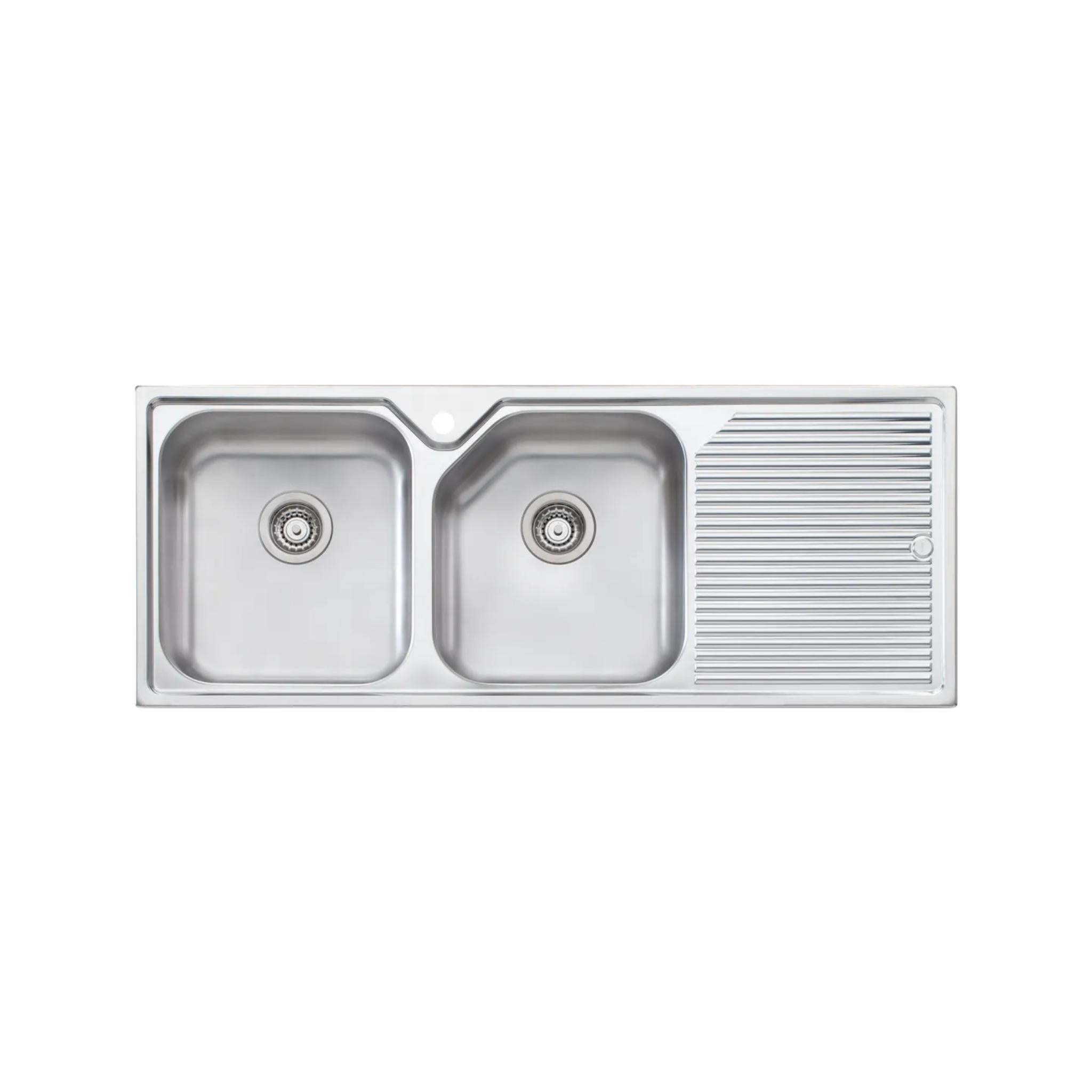 OLIVERI NU-PETITE DOUBLE BOWL TOPMOUNT KITCHEN SINK WITH TAPHOLE & DRAINER STAINLESS STEEL 1250MM