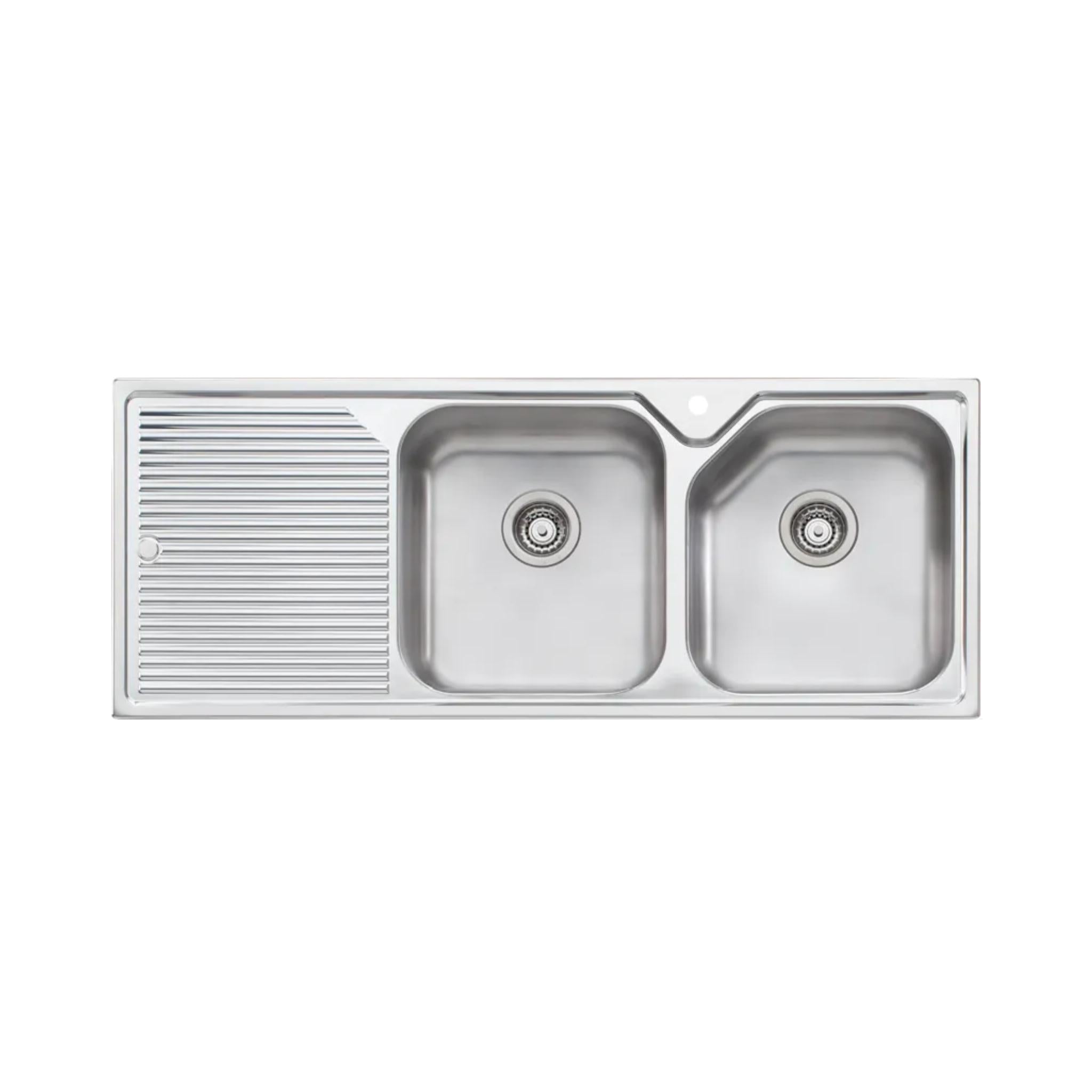OLIVERI NU-PETITE DOUBLE BOWL TOPMOUNT KITCHEN SINK WITH TAPHOLE & DRAINER STAINLESS STEEL 1250MM