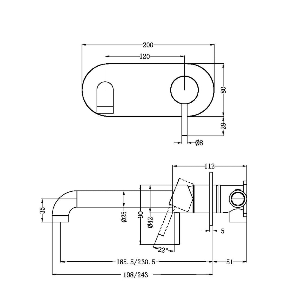 NERO ZEN WALL BASIN / BATH MIXER 185MM GRAPHITE