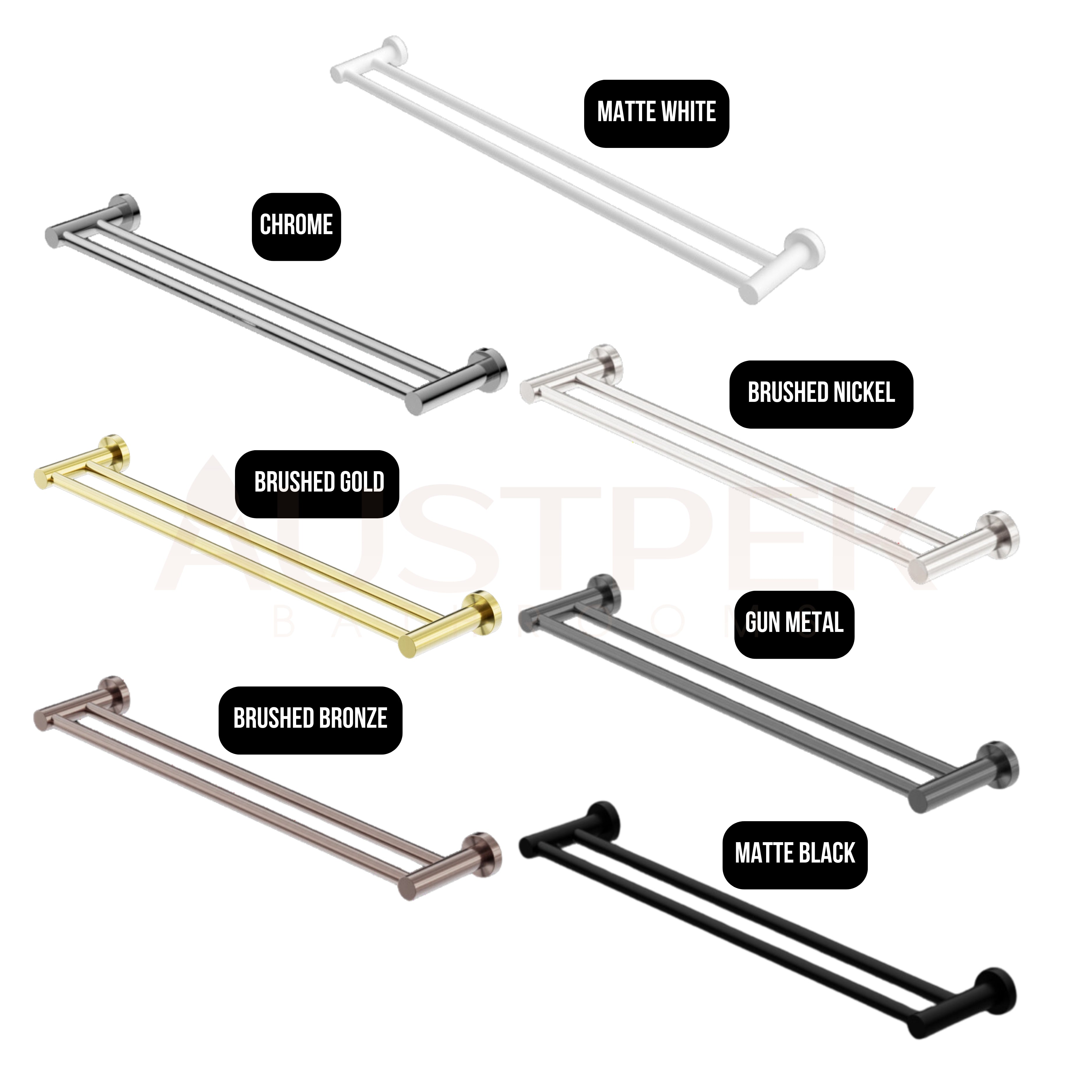 NERO MECCA DOUBLE NON-HEATED TOWEL RAIL BRUSHED NICKEL (AVAILABLE IN 600MM AND 800MM)