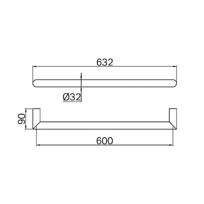 NERO MECCA SINGLE HEATED TOWEL RAIL BRUSHED NICKEL 632MM