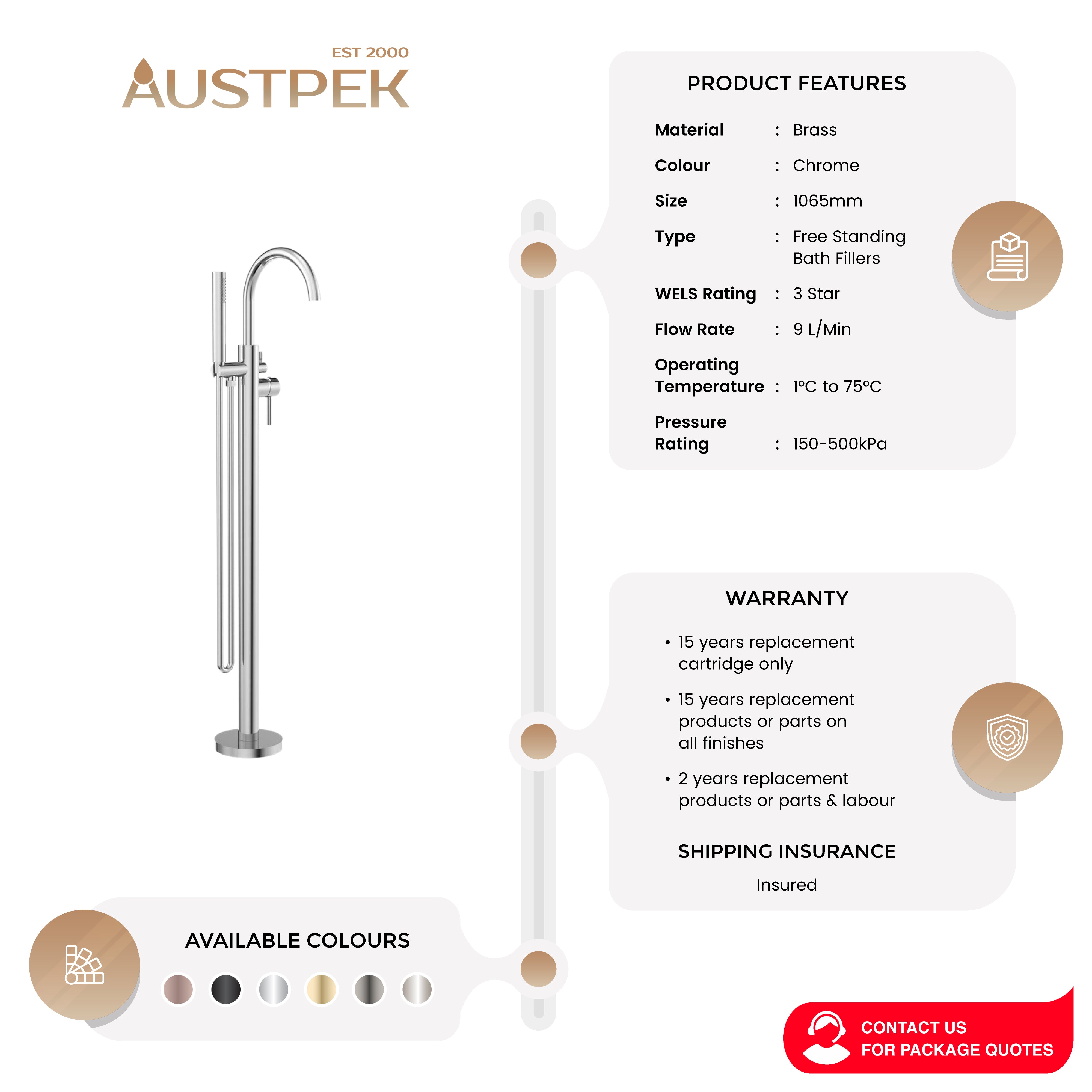 NERO MECCA FREESTANDING MIXER WITH HAND SHOWER 1065MM CHROME