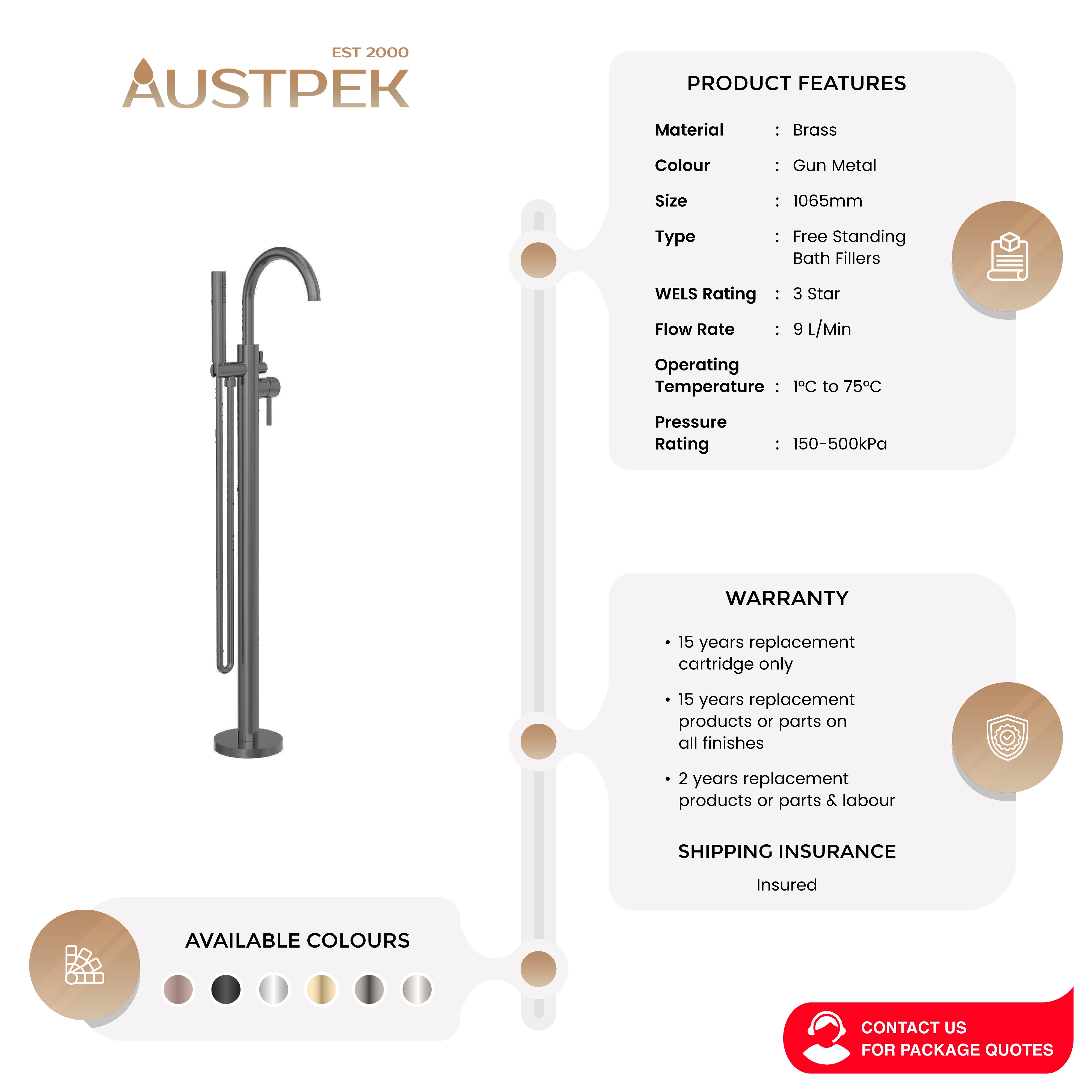 NERO MECCA FREESTANDING MIXER WITH HAND SHOWER GUN METAL