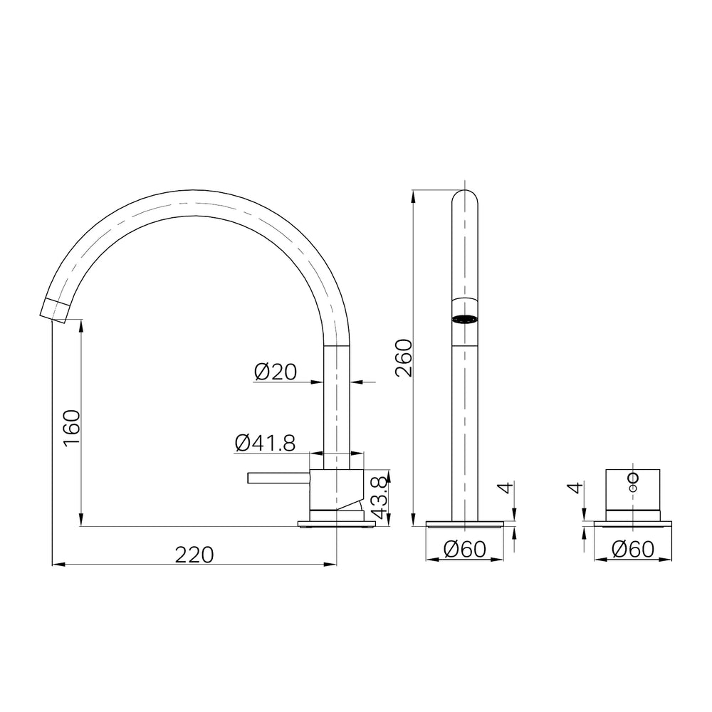NERO MECCA HOB BATH/KITCHEN MIXER SET ARC SPOUT technical drawing