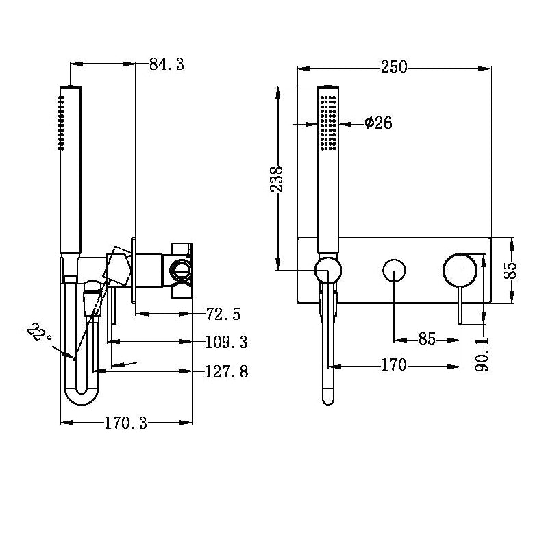 NERO MECCA SHOWER MIXER DIVERTER SYSTEM 250MM MATTE BLACK
