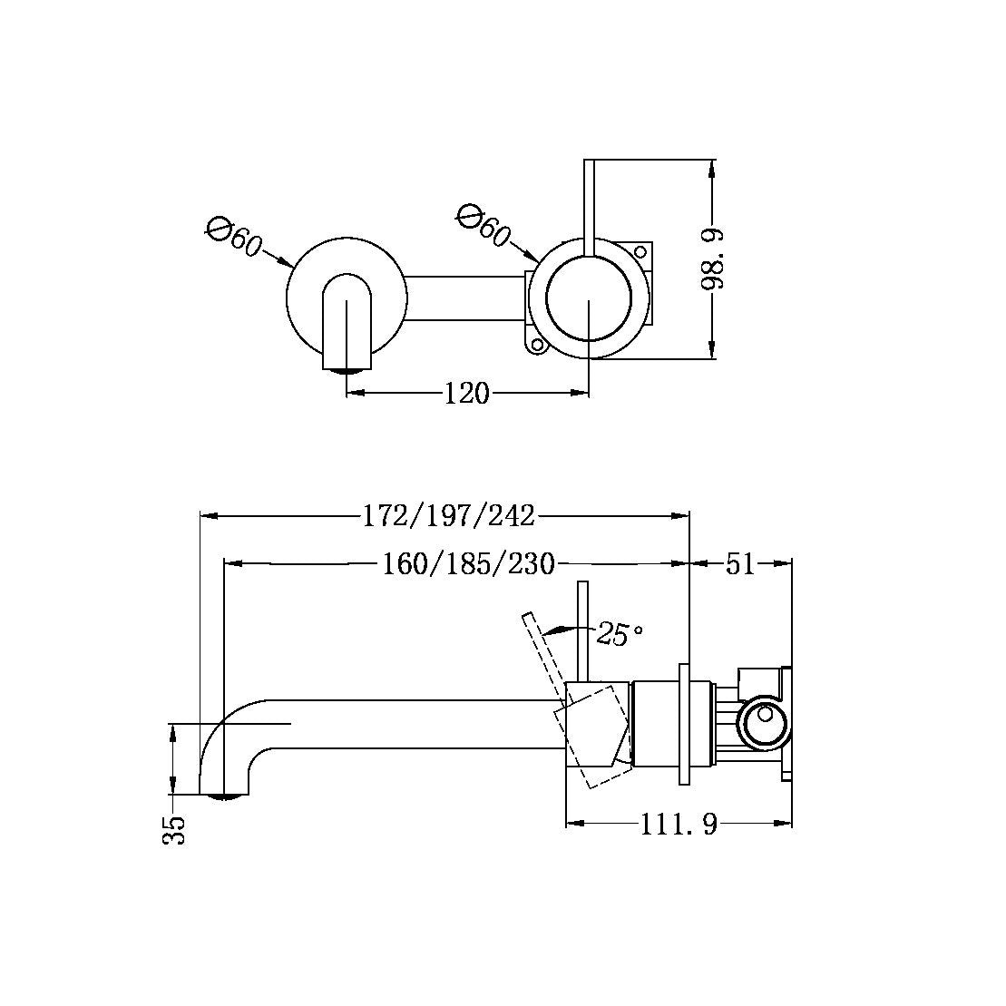 NERO MECCA WALL BASIN/BATH MIXER WITH SEPARATE BACK PLATE HANDLE UP 185MM BRUSHED BRONZE