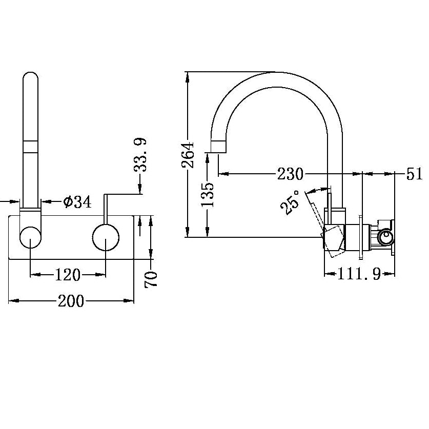 NERO MECCA WALL BASIN/BATH MIXER SWIVEL SPOUT HANDLE UP 264MM CHROME