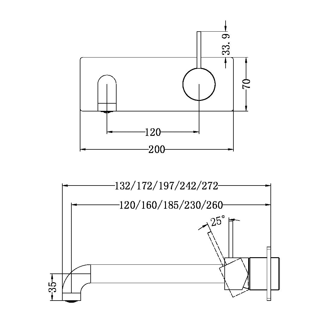 NERO MECCA WALL BASIN/BATH MIXER HANDLE UP GUN METAL (AVAILABLE IN 120MM,160MM,185MM, 230MM AND 260MM)