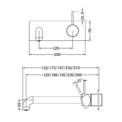 NERO MECCA WALL BASIN/BATH MIXER HANDLE UP GUN METAL (AVAILABLE IN 120MM,160MM,185MM, 230MM AND 260MM)