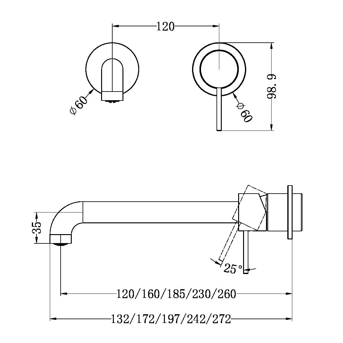 NERO MECCA WALL BASIN/BATH MIXER WITH SEPARATE BACK PLATE GUN METAL (AVAILABLE IN 120MM,160MM,185MM, 230MM AND 260MM)