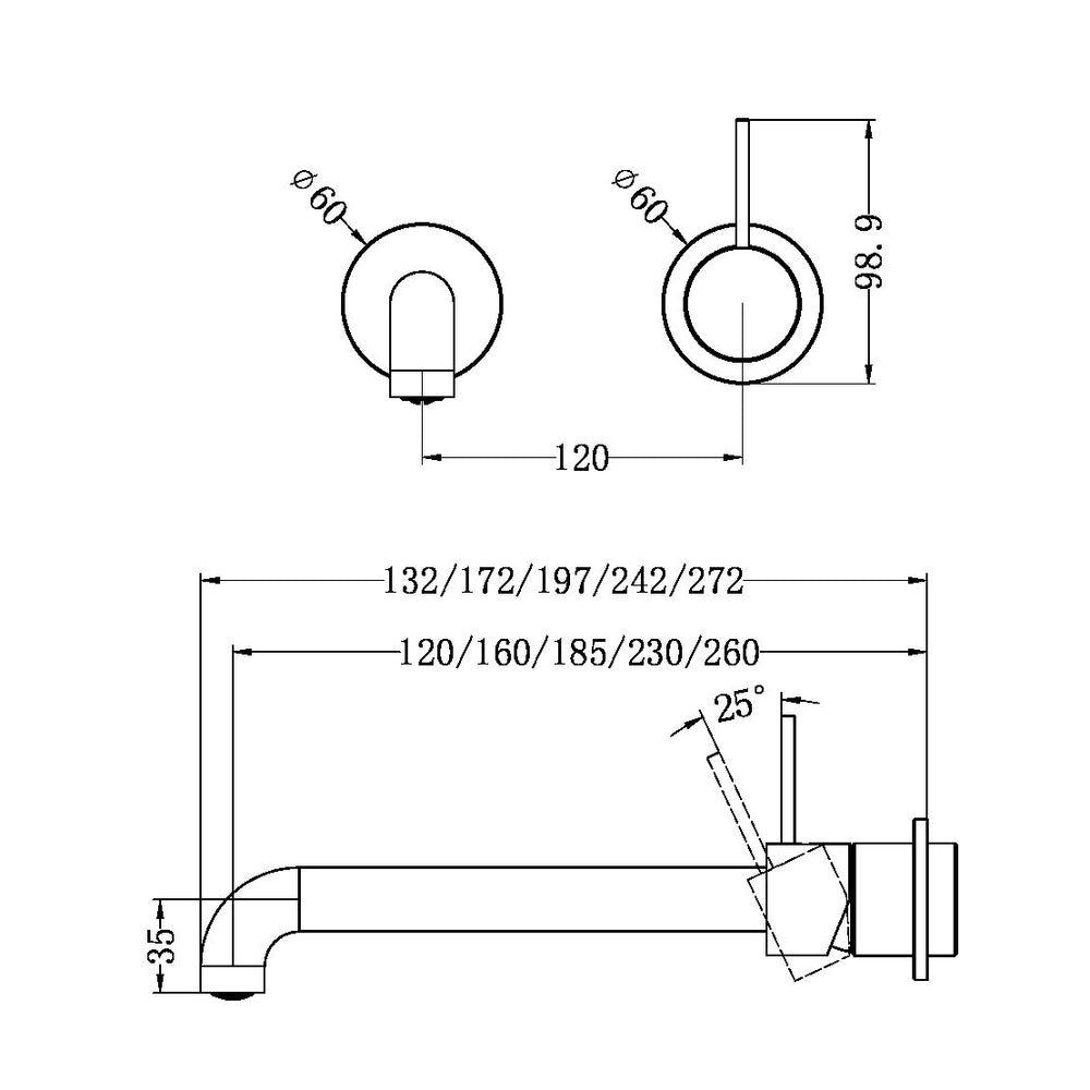 NERO MECCA WALL BASIN/BATH MIXER WITH SEPARATE BACK PLATE HANDLE UP BRUSHED GOLD (AVAILABLE IN 120MM, 160MM, 185MM, 230MM AND 260MM)