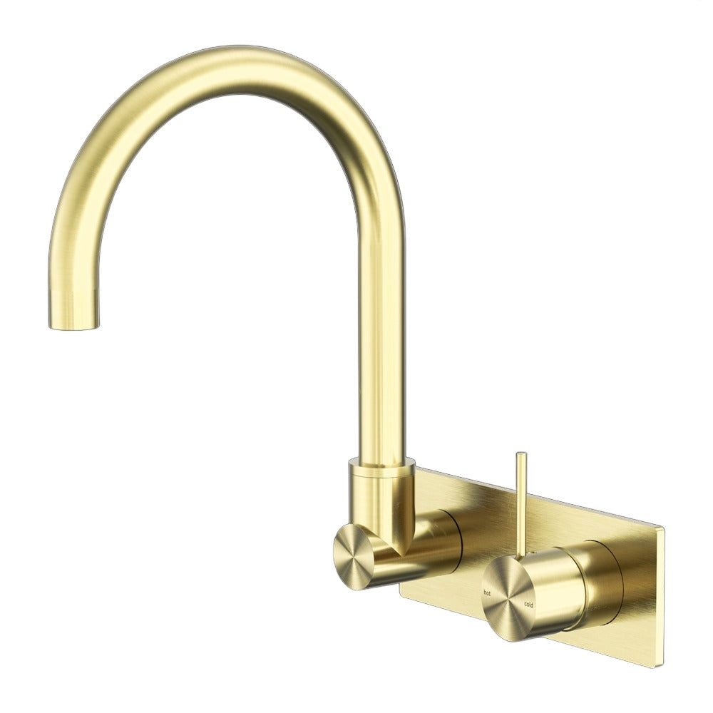 NERO MECCA WALL BASIN/ BATH MIXER SWIVEL SPOUT HANDLE UP BRUSHED GOLD