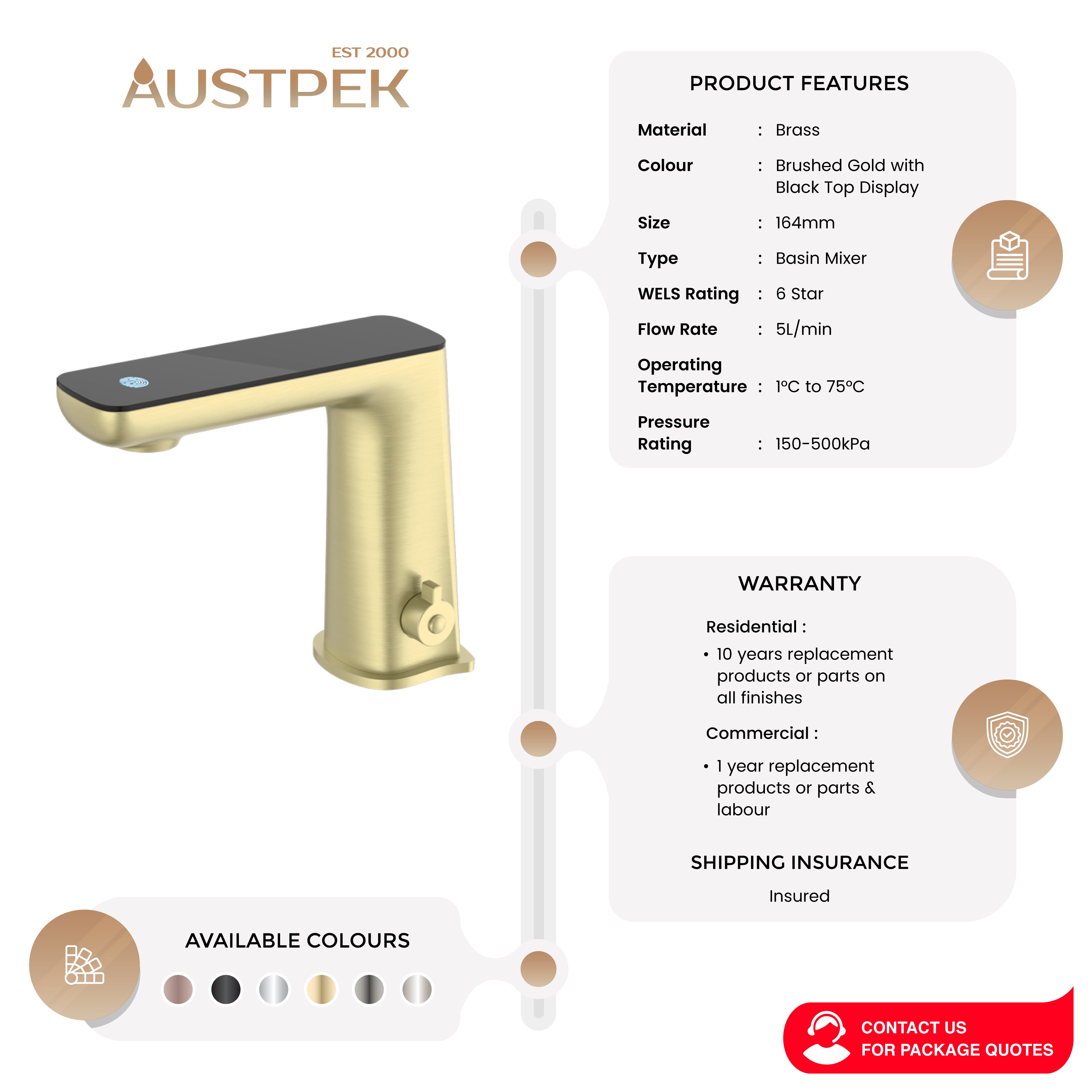 NERO CLAUDIA SENSOR MIXER WITH BLACK TOP DISPLAY 164MM BRUSHED GOLD