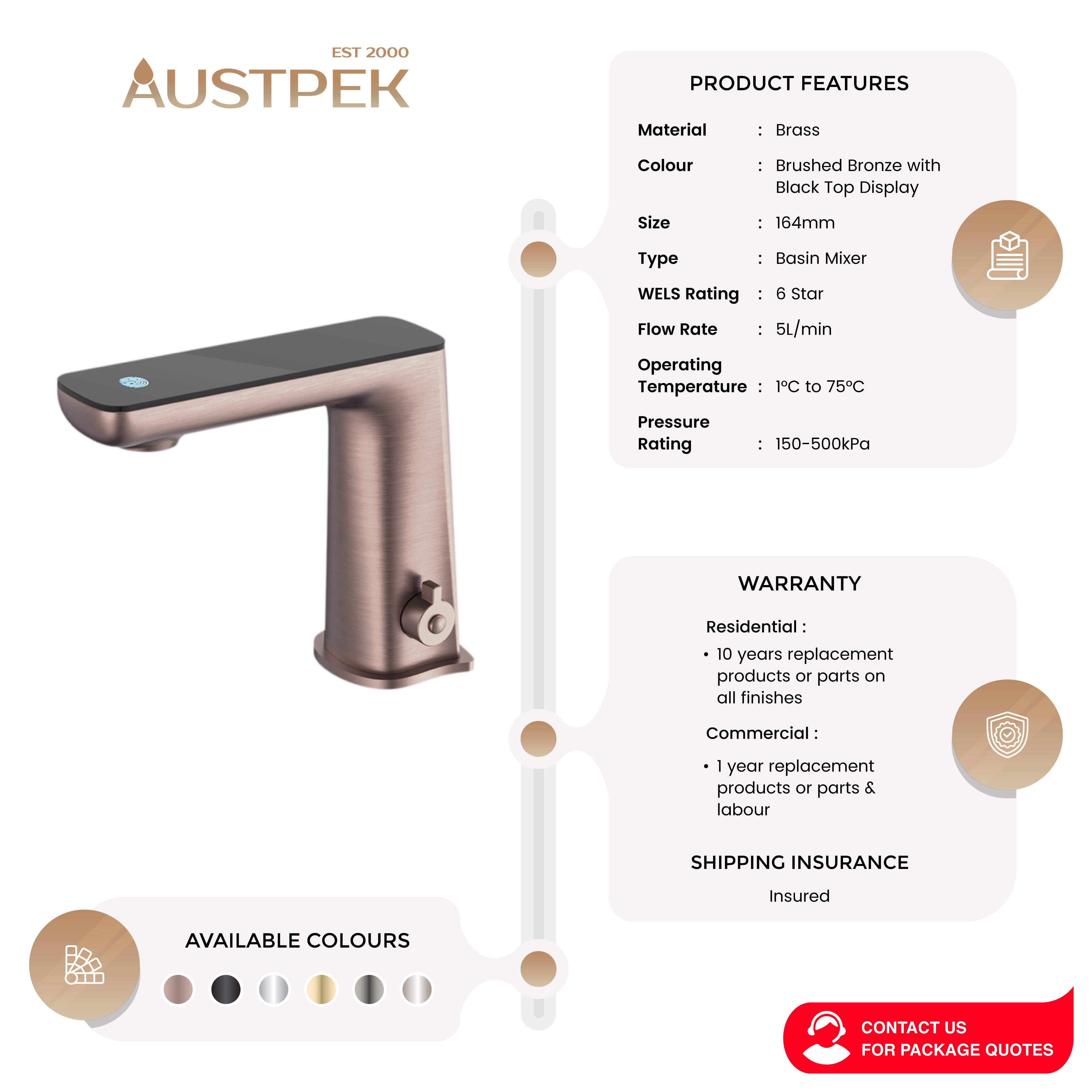 NERO CLAUDIA SENSOR MIXER WITH BLACK TOP DISPLAY 164MM BRUSHED BRONZE