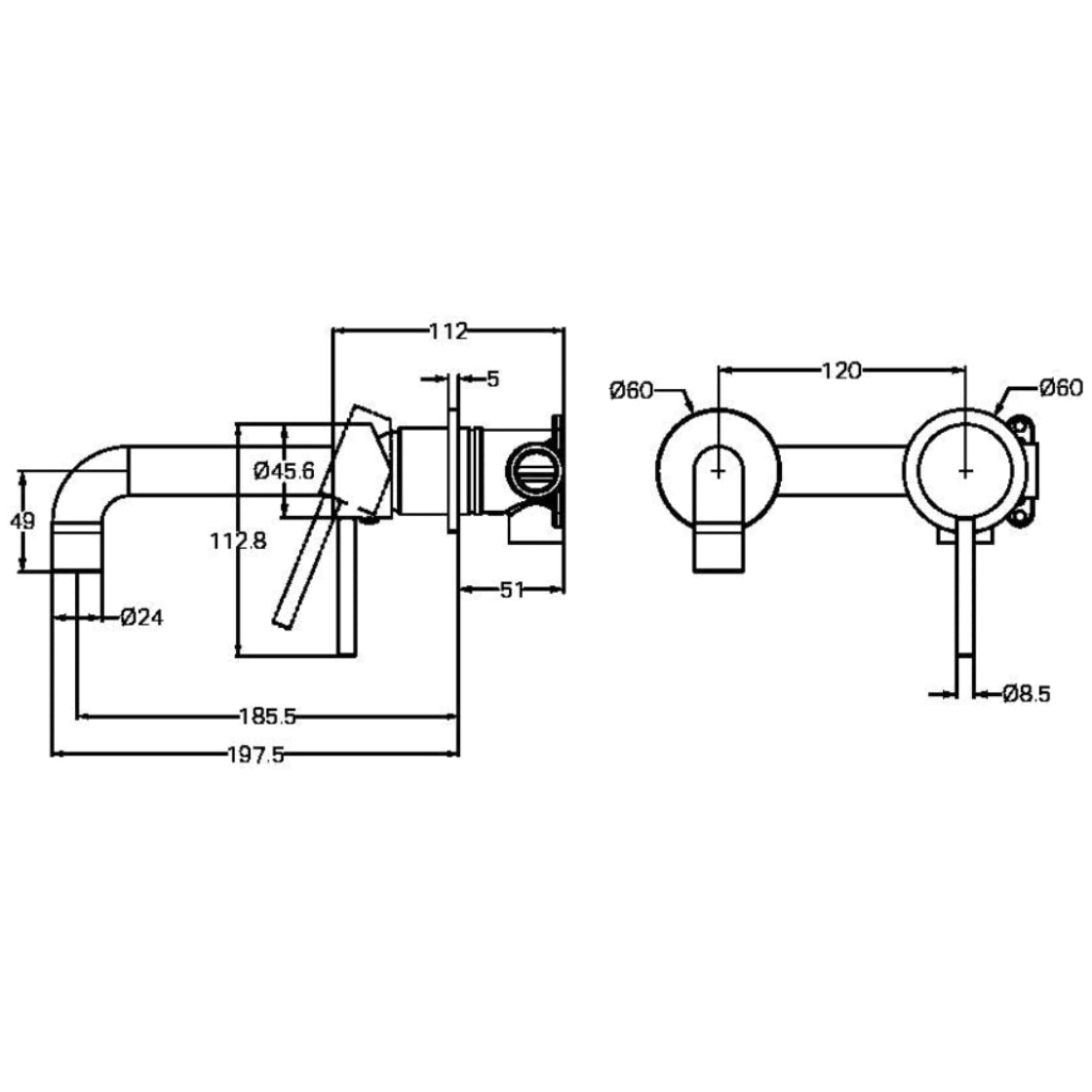 NERO DOLCE LEAD FREE WALL BASIN/BATH MIXER WITH SEPARATE BACK PLATE 198MM MATTE BLACK
