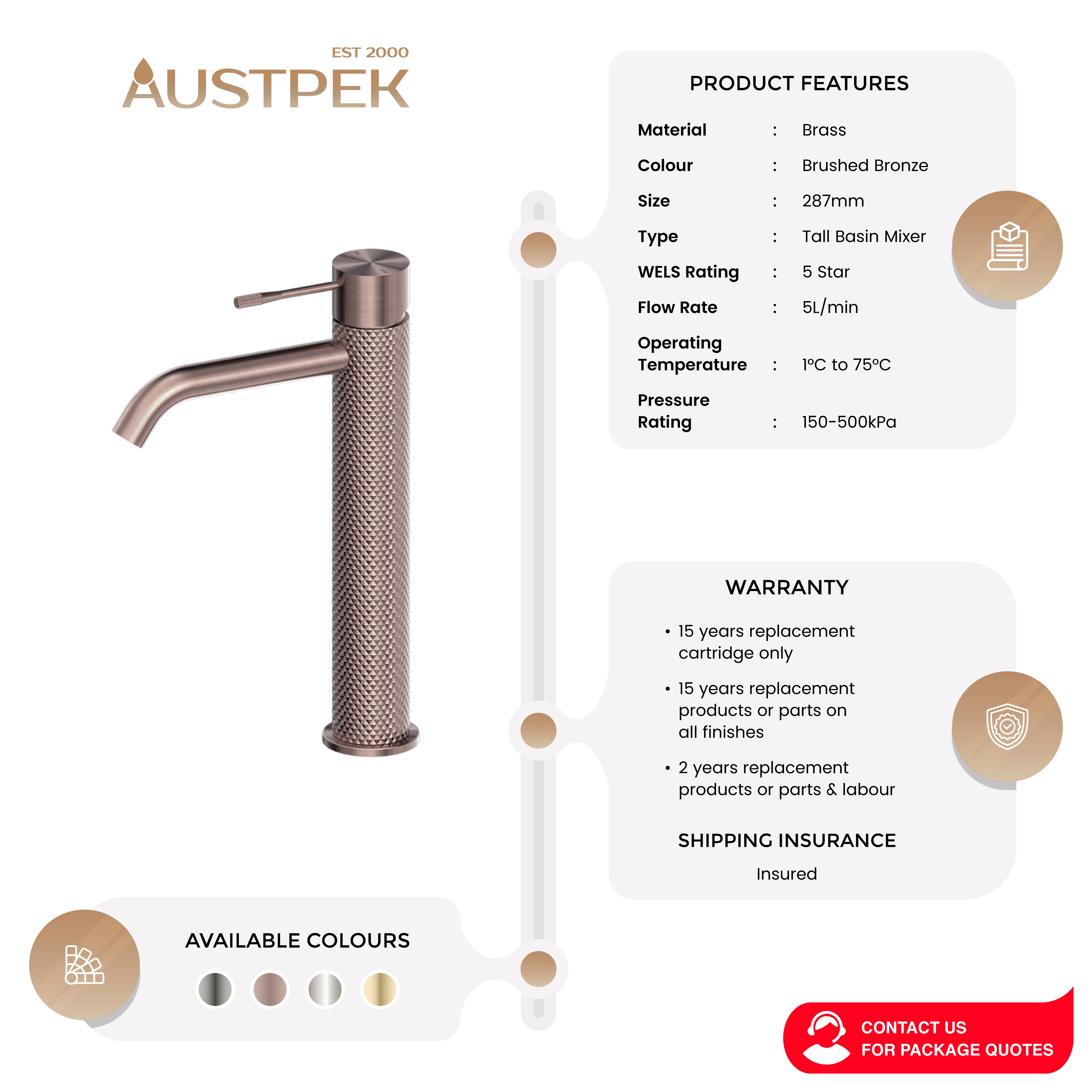 NERO OPAL TALL BASIN MIXER 287MM BRUSHED BRONZE