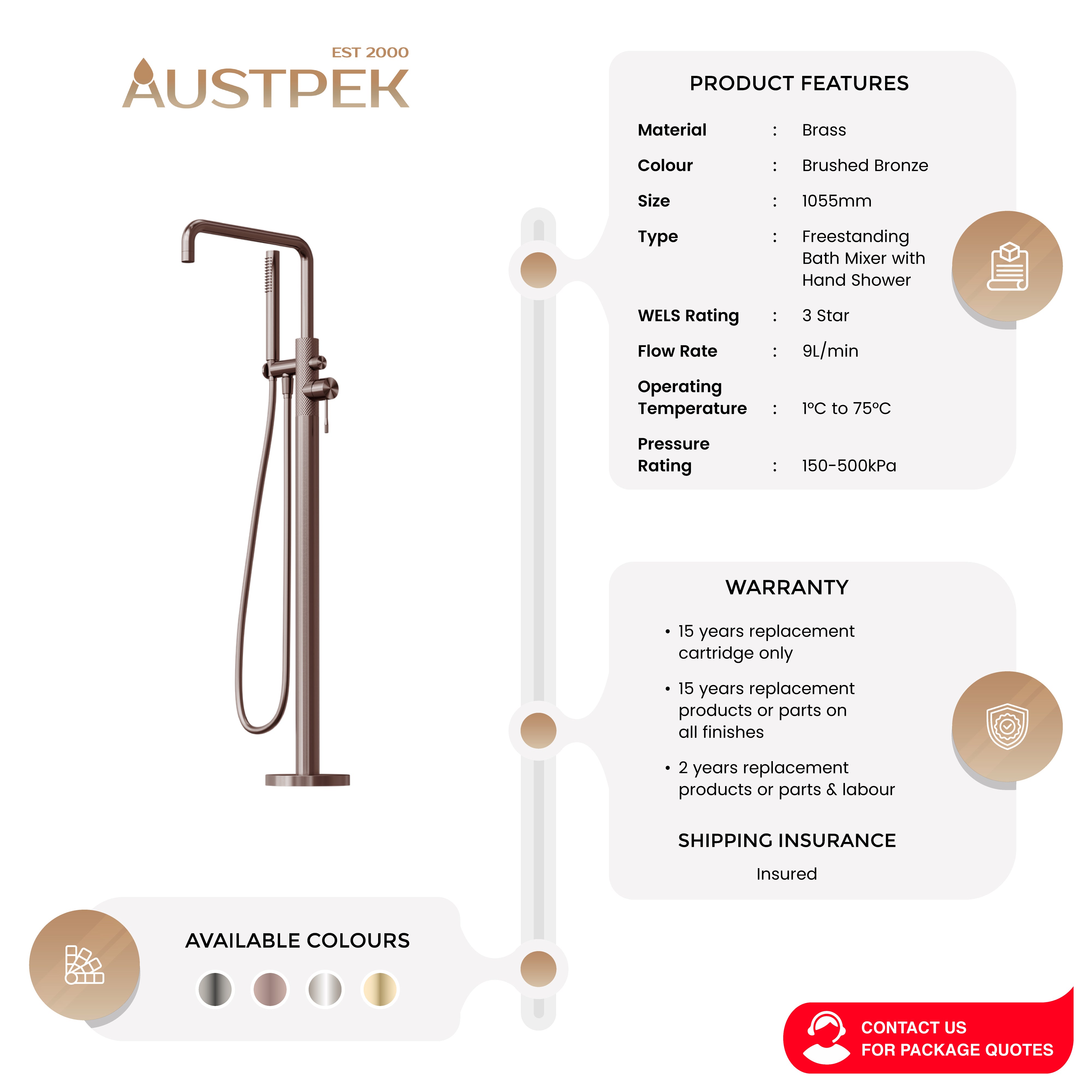 NERO OPAL FREESTANDING BATH MIXER WITH HAND SHOWER 1055MM BRUSHED BRONZE
