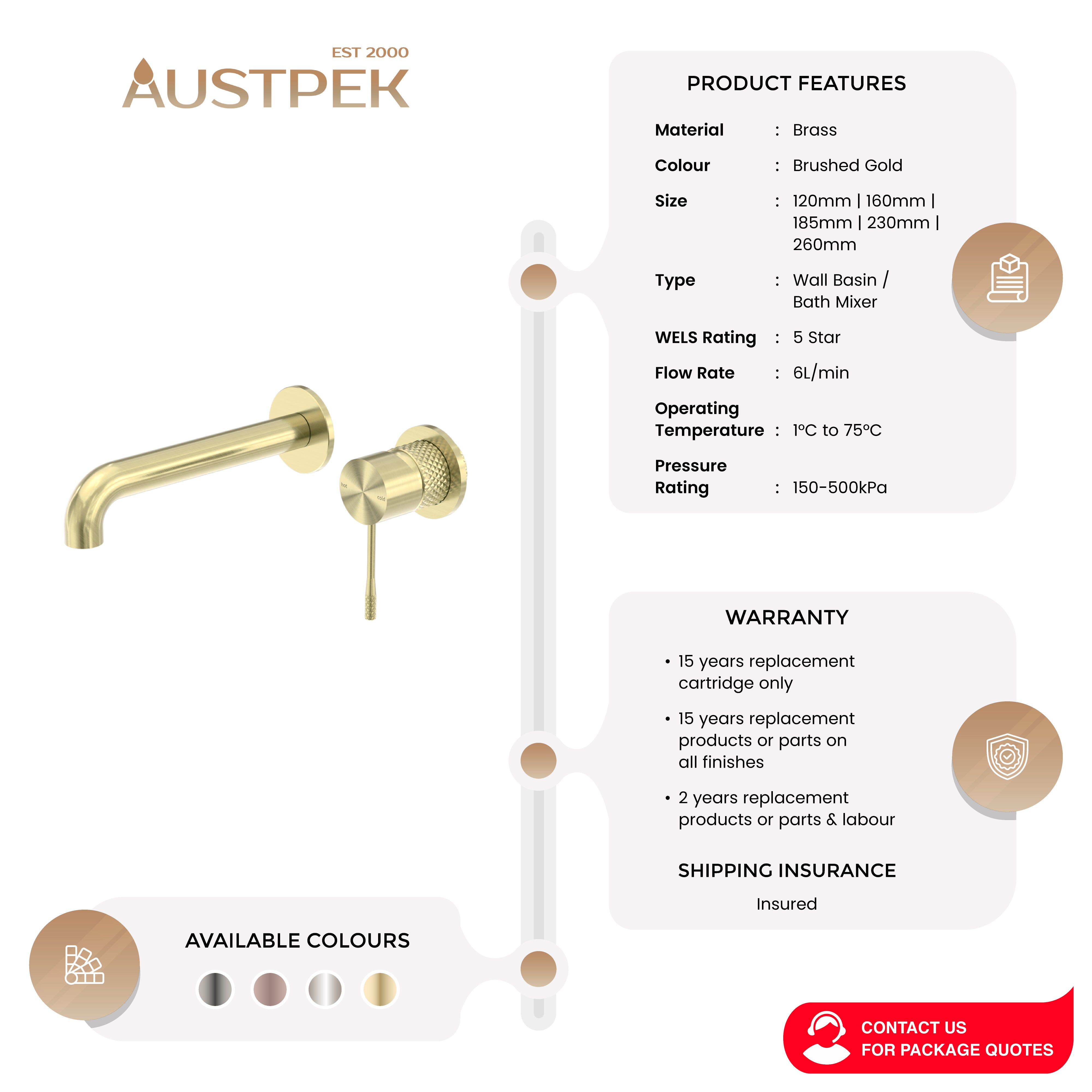 NERO OPAL WALL BASIN/ BATH MIXER SEPARATE BACK PLATE BRUSHED GOLD (AVAILABLE IN 120MM, 160MM, 185MM, 230MM AND 260MM)