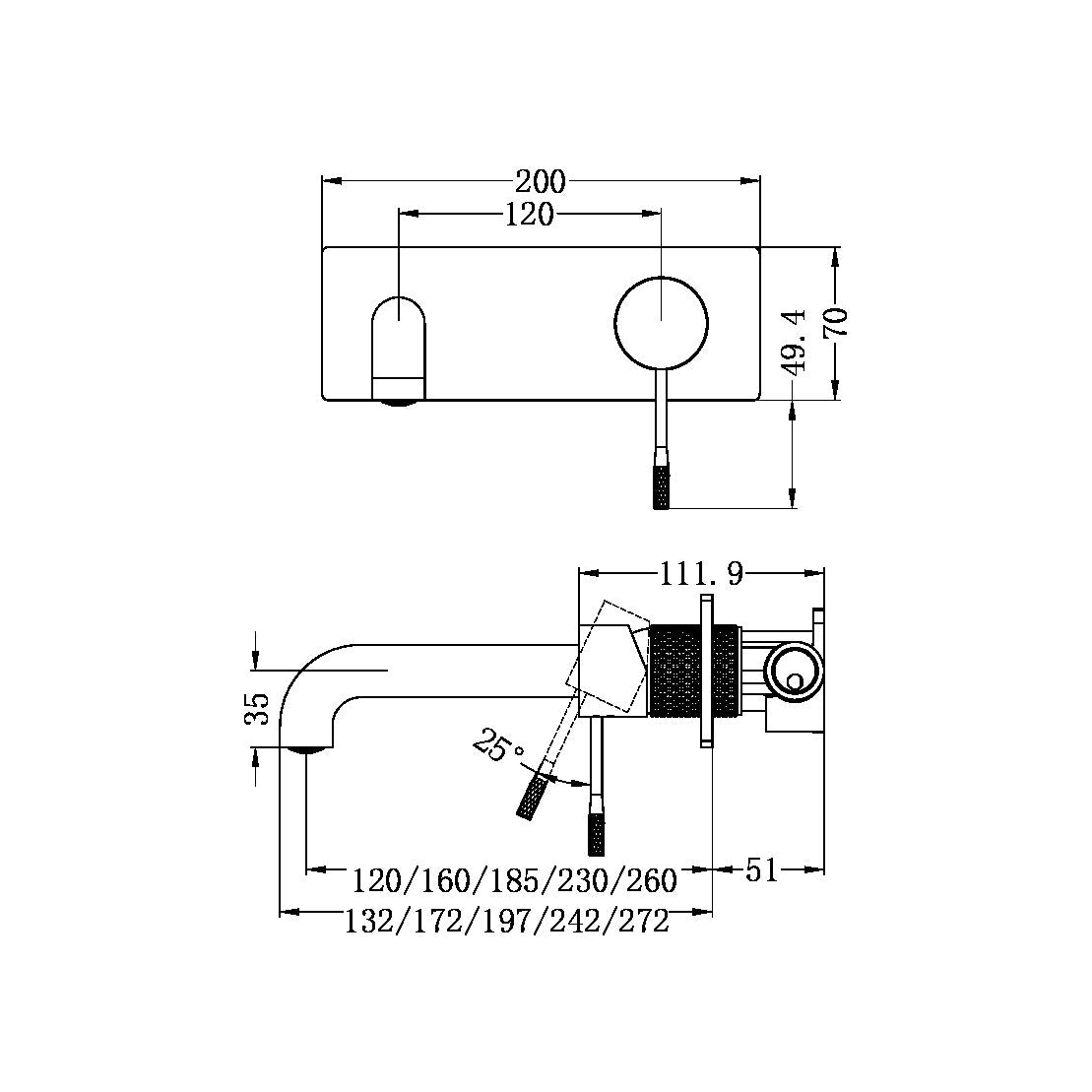 NERO OPAL WALL BASIN/ BATH MIXER BRUSHED NICKEL (AVAILABLE IN 120MM, 160MM, 185MM, 230MM AND 260MM)