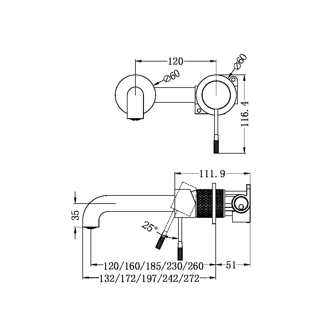 NERO OPAL WALL BASIN/ BATH MIXER SEPARATE BACK PLATE BRUSHED BRONZE (AVAILABLE IN 120MM, 160MM, 185MM, 230MM AND 260MM)