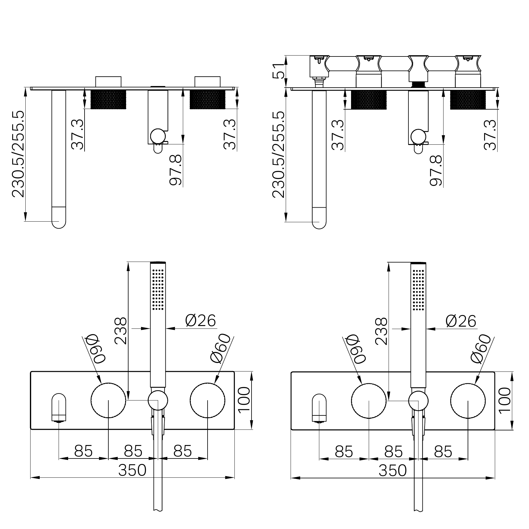 NERO OPAL PROGRESSIVE SHOWER SYSTEM WITH SPOUT GRAPHITE (AVAILABLE IN 230MM AND 250MM)