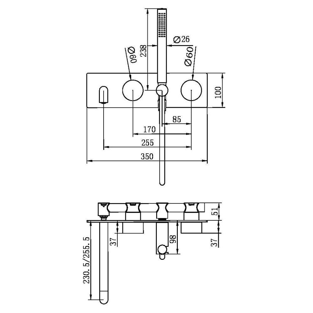 NERO KARA PROGRESSIVE SHOWER SYSTEM WITH SPOUT BRUSHED NICKEL (AVAILABLE IN 230MM AND 250MM)