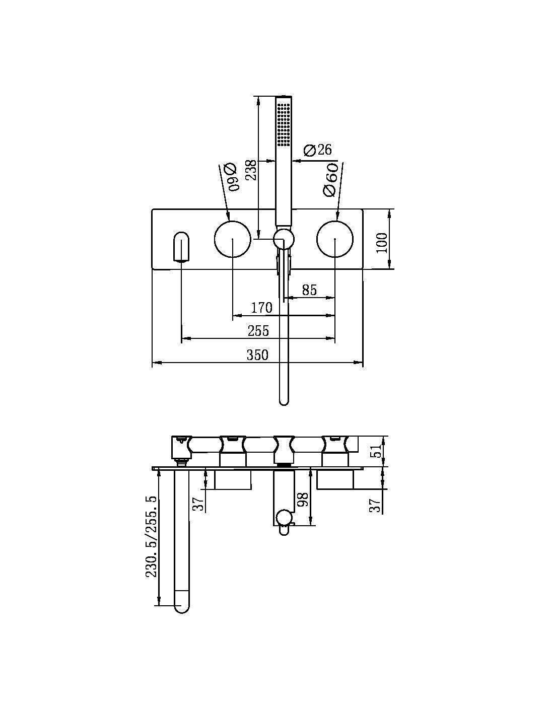 NERO KARA PROGRESSIVE SHOWER SYSTEM WITH SPOUT BRUSHED NICKEL (AVAILABLE IN 230MM AND 250MM)