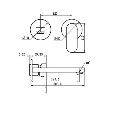 NERO ECCO WALL BASIN/BATH MIXER WITH SEPARATE BACK PLATE 206MM GUN METAL