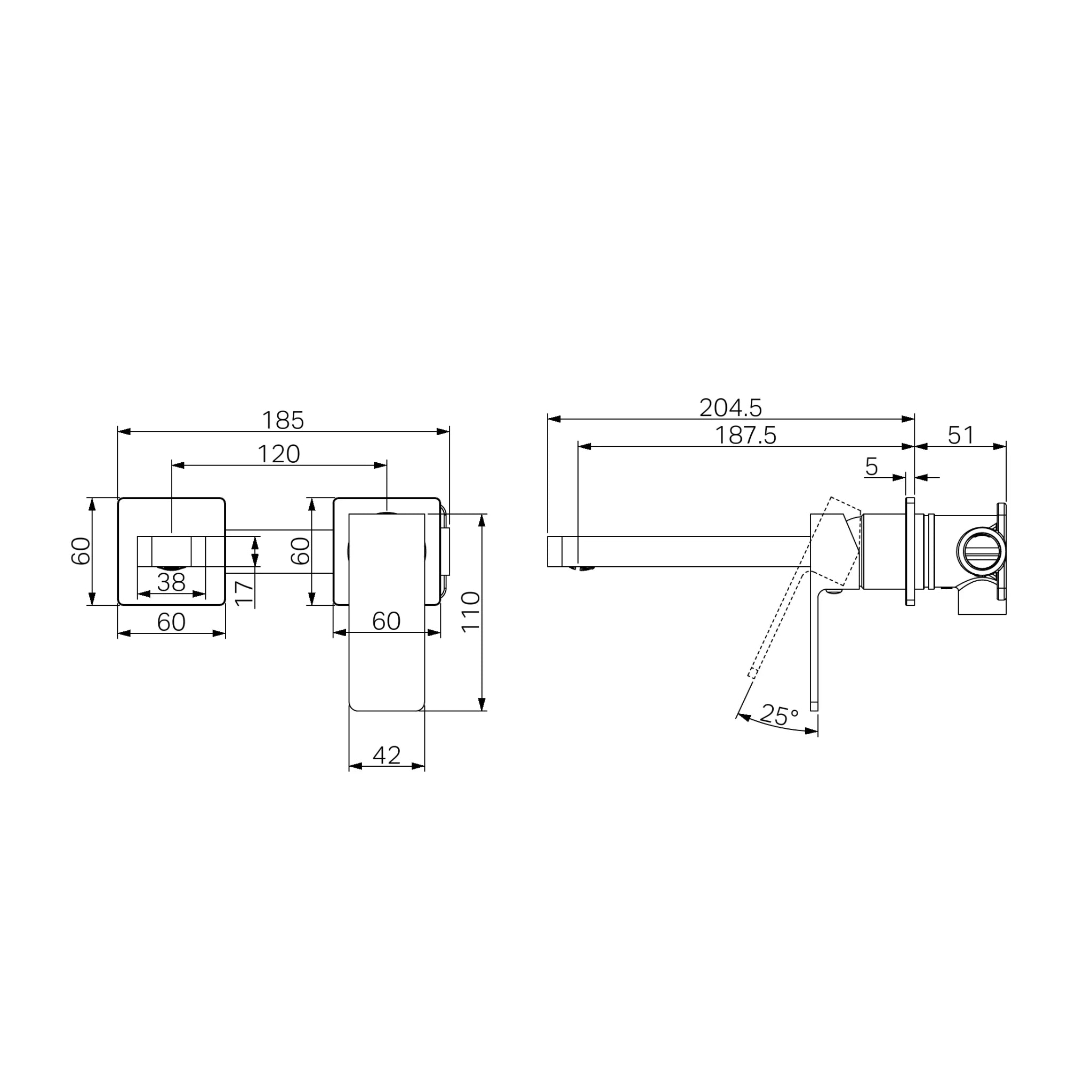 NERO CELIA WALL BASIN/BATH MIXER 204MM BRUSHED NICKEL