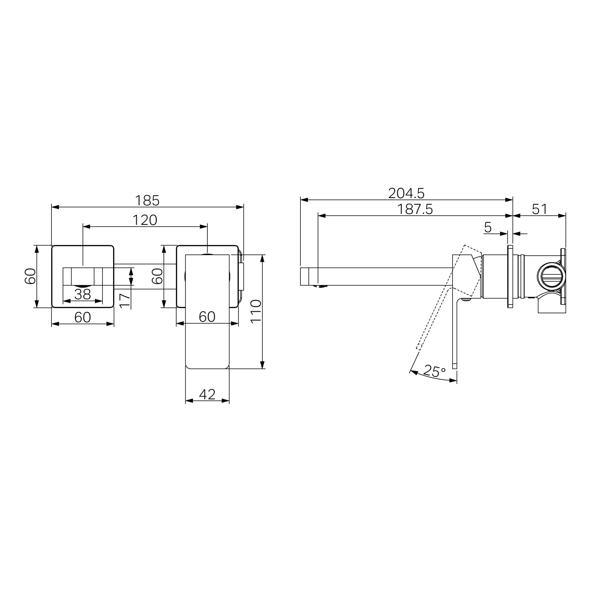 NERO CELIA WALL BASIN/BATH MIXER 204MM MATTE BLACK