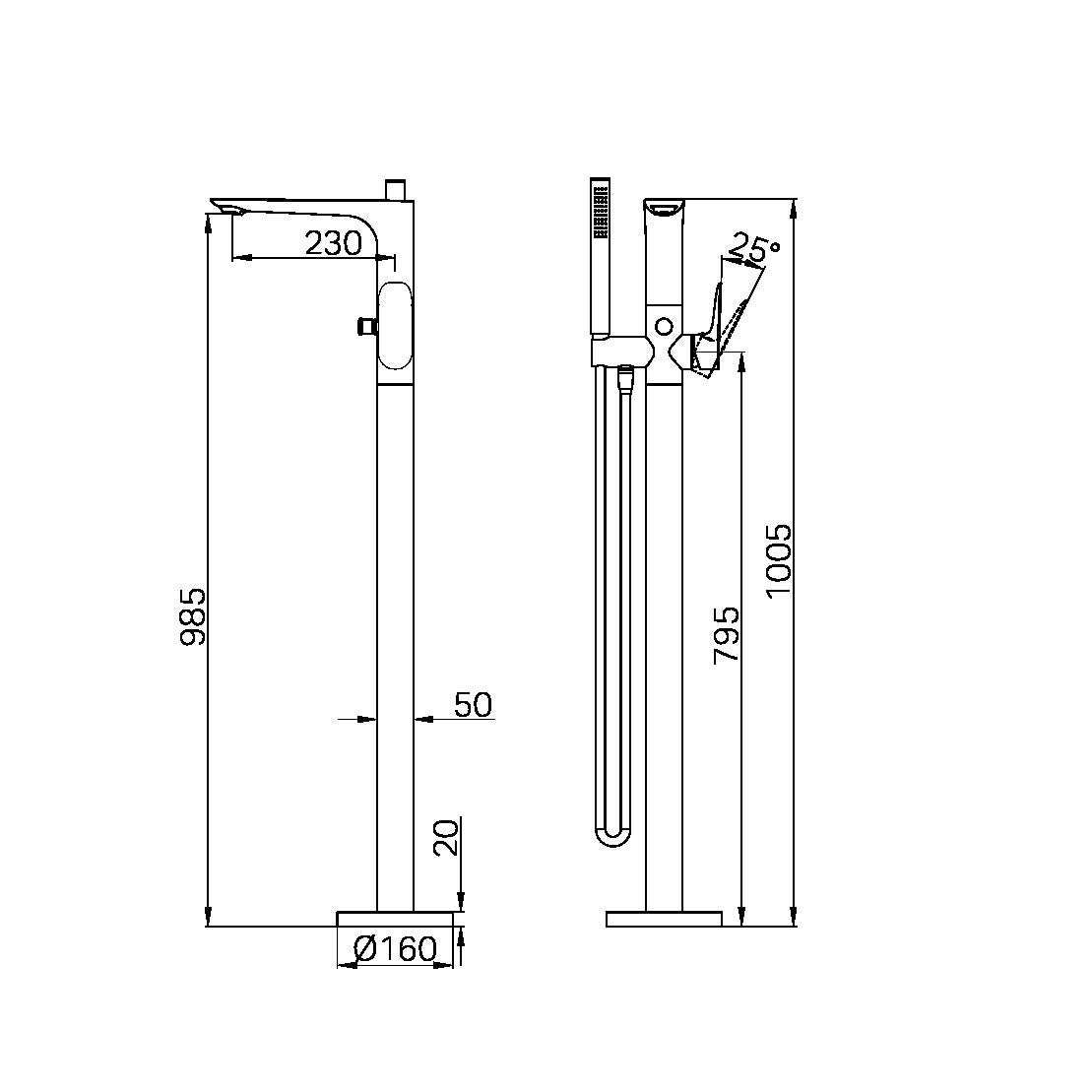 NERO BIANCA FREESTANDING BATH MIXER WITH HAND SHOWER 1005MM CHROME