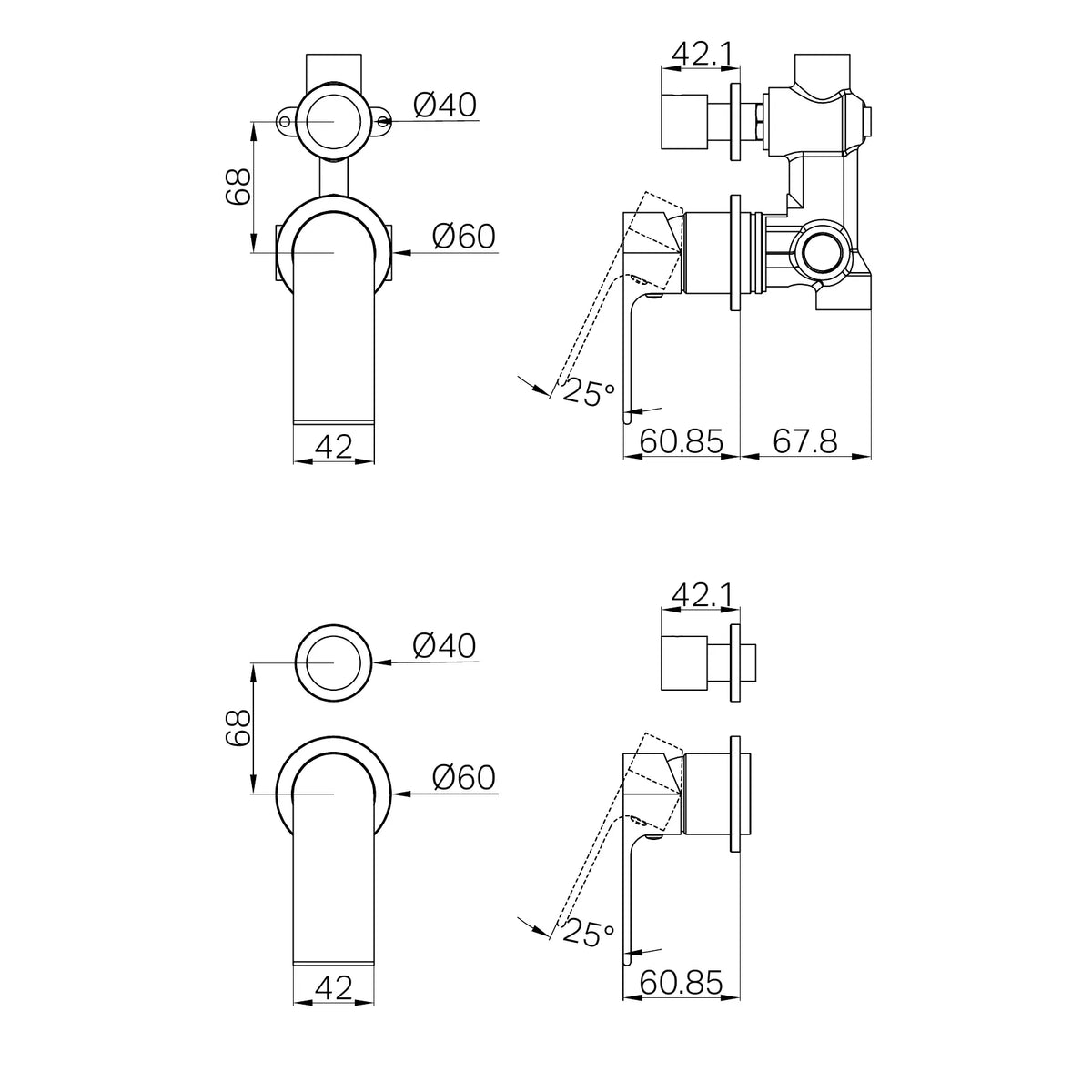 NERO BIANCA SHOWER MIXER WITH DIVERTER SEPARATE BACK PLATE BRUSHED BRONZE technical drawing