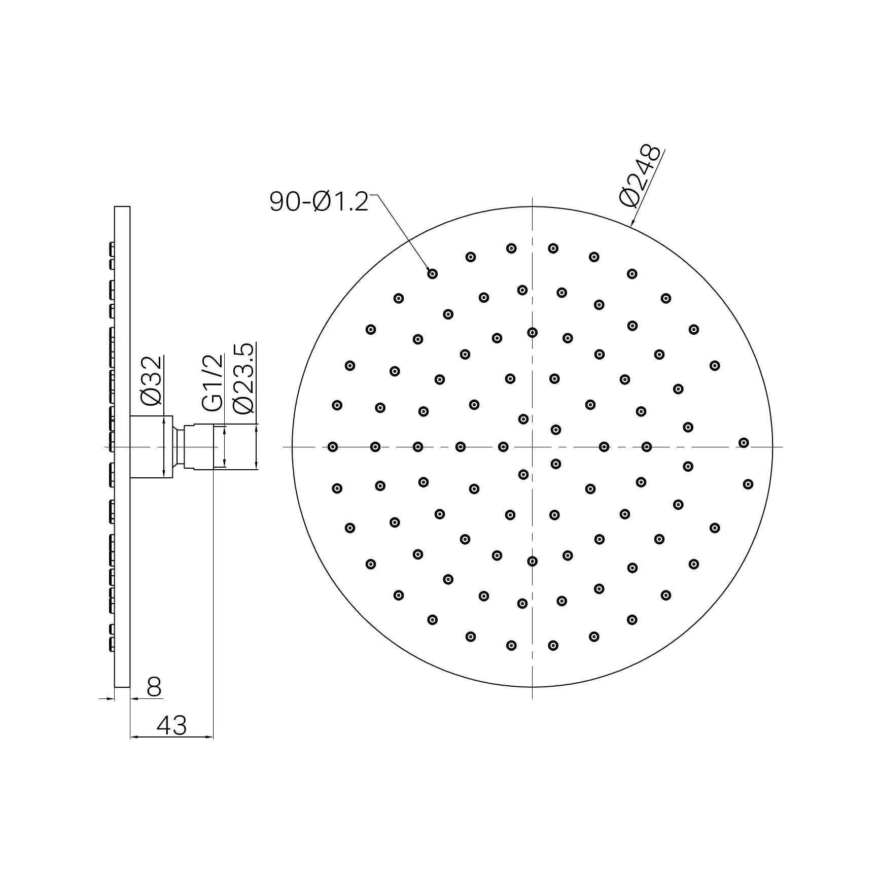 NERO 250MM ROUND METAL SHOWER HEAD II technical drawing