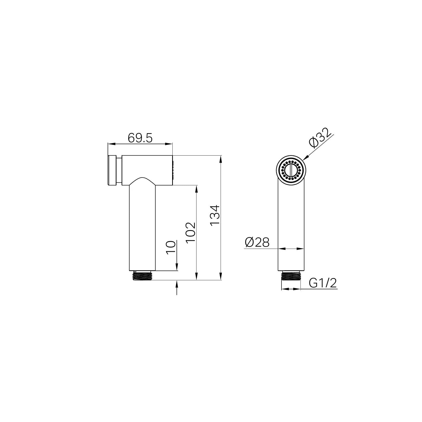 NERO ZEN HAND SPRAY II 134MM GRAPHITE technical drawing