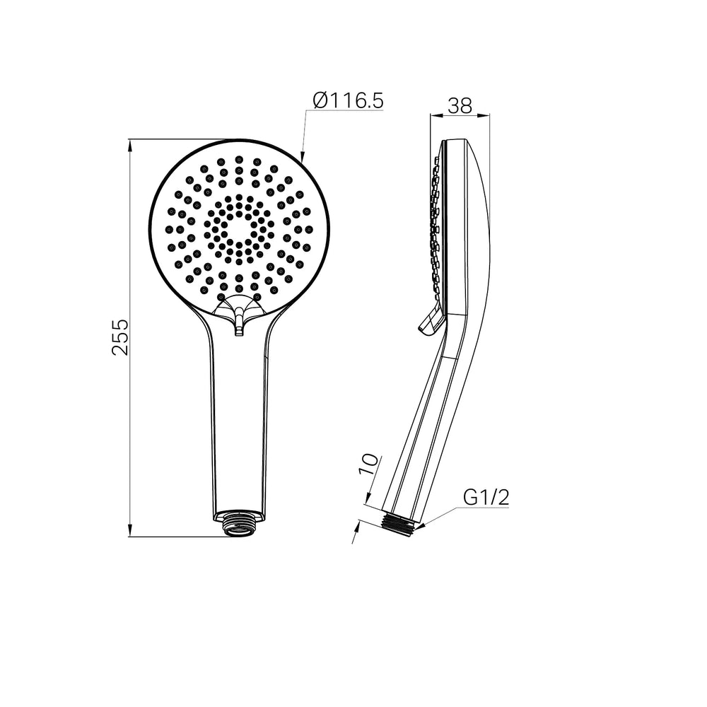 NERO ROUND HAND SHOWER 255MM CHROME technical drawing