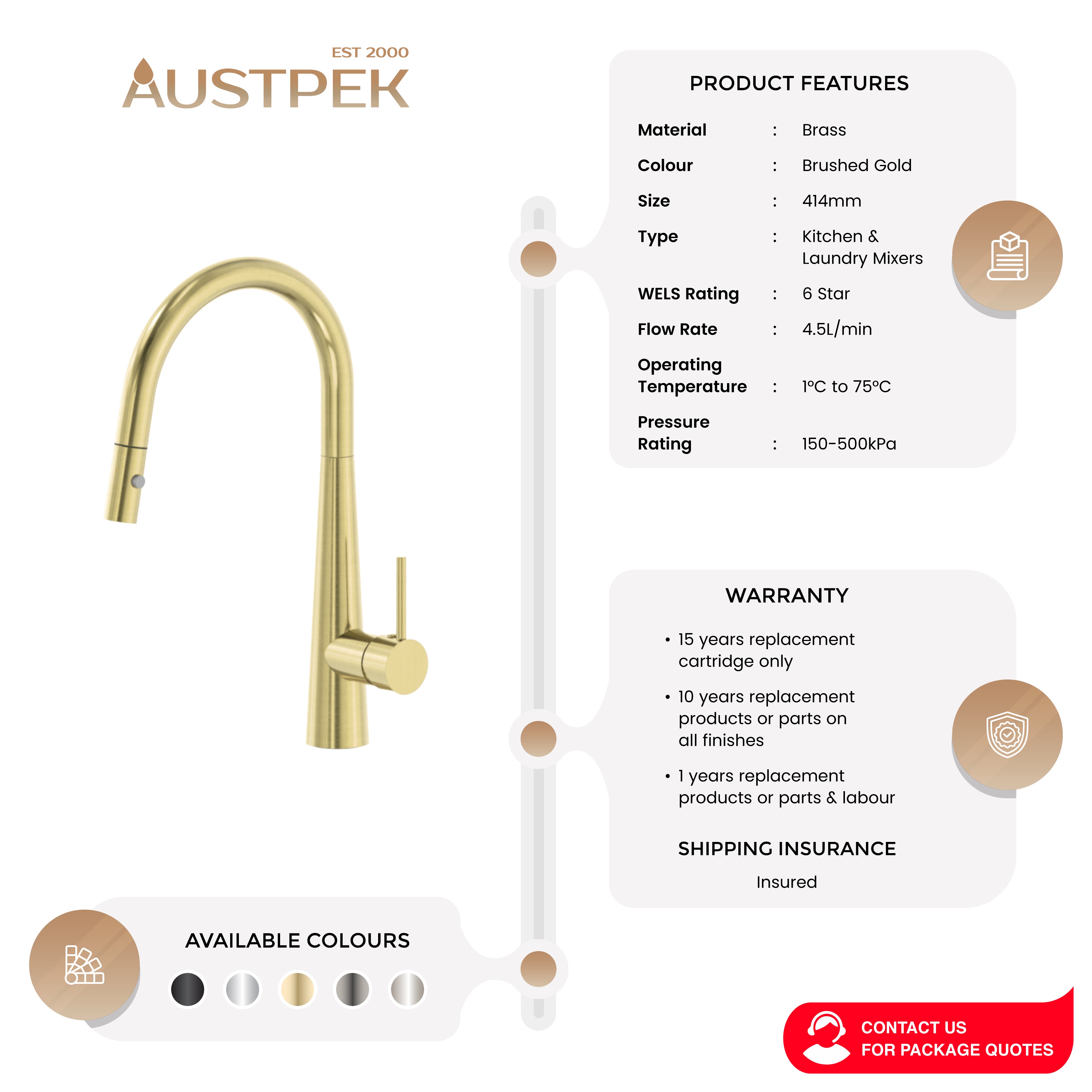 NERO DOLCE PULL OUT SINK MIXER WITH VEGIE SPRAY 414MM BRUSHED GOLD