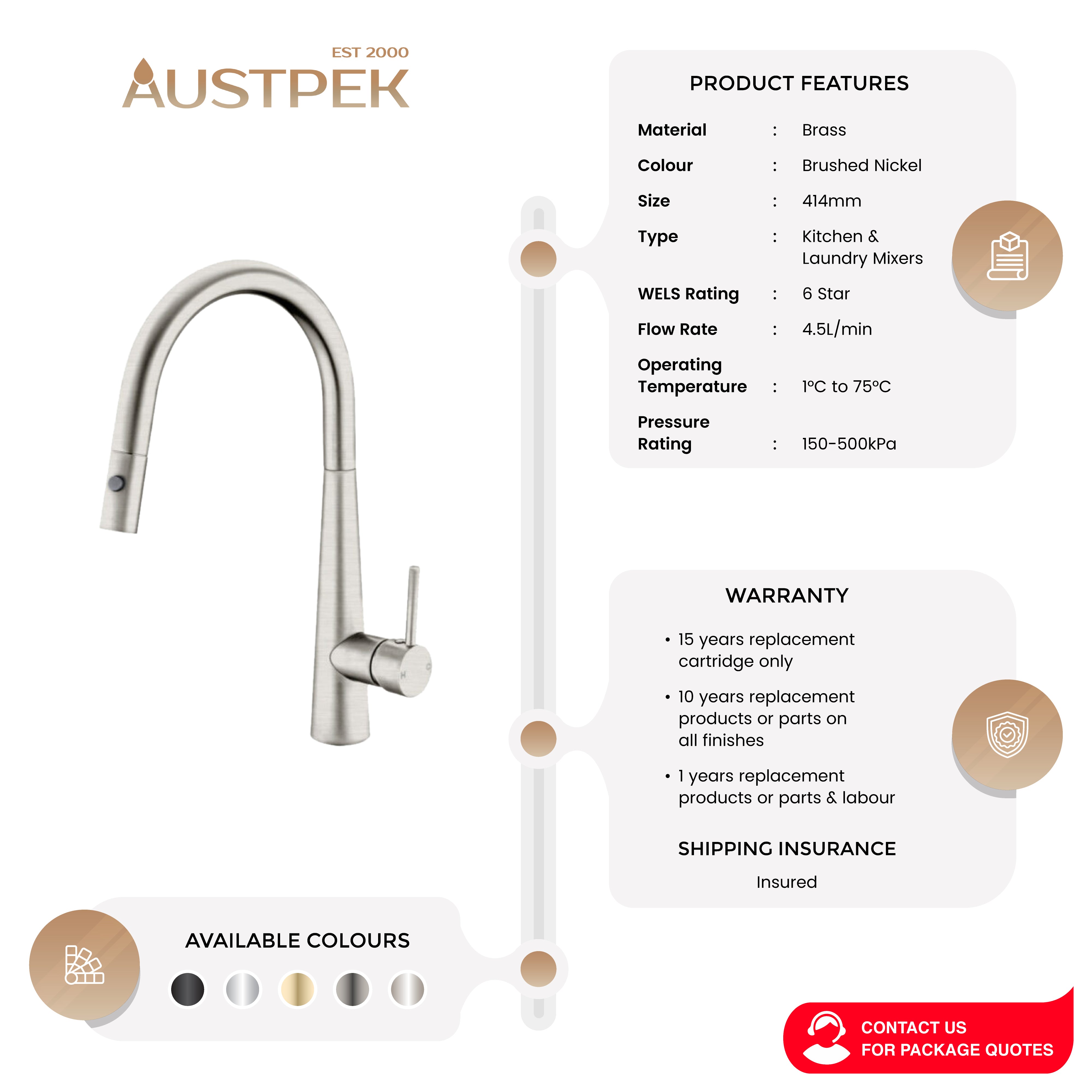 NERO DOLCE PULL OUT SINK MIXER WITH VEGIE SPRAY 414MM BRUSHED NICKEL