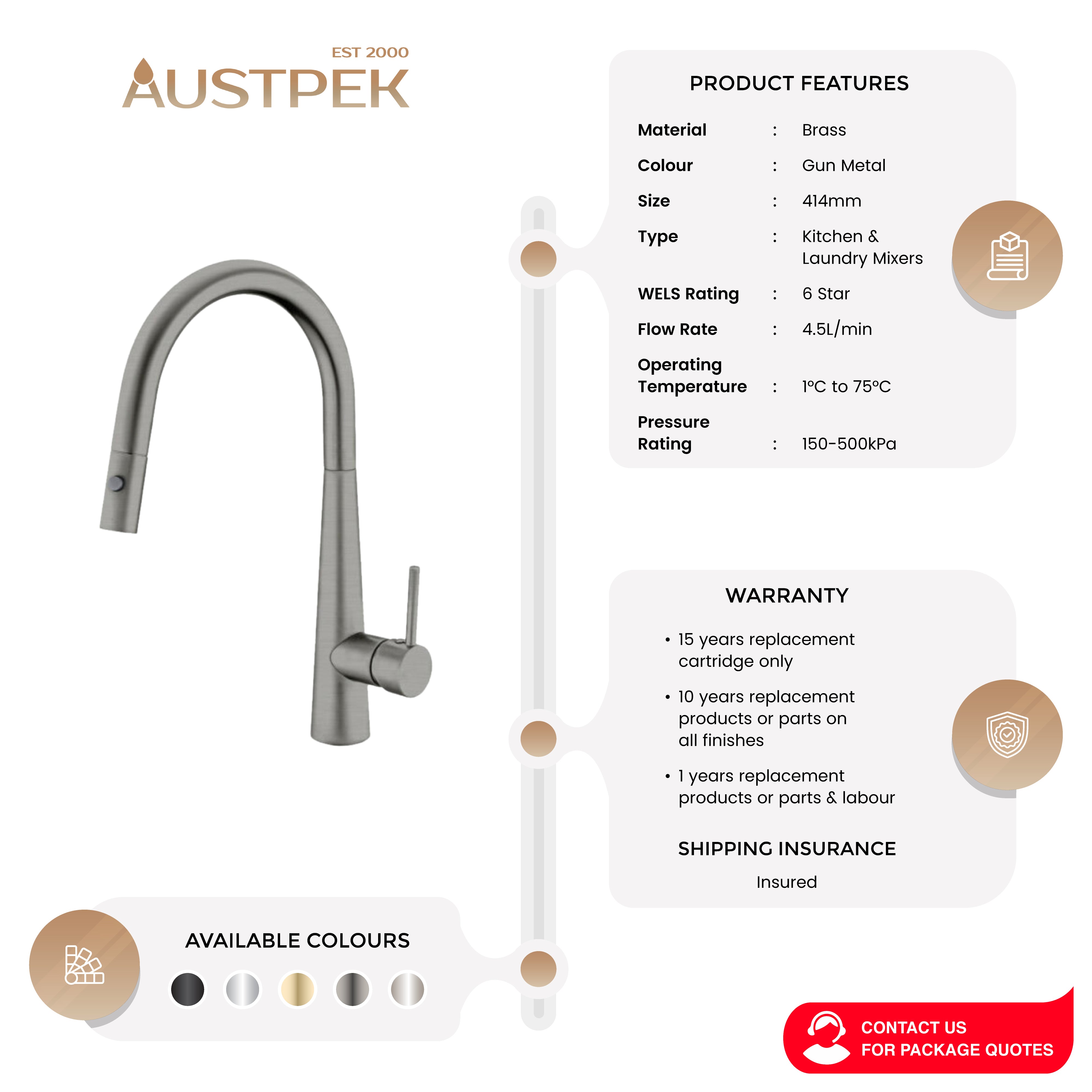NERO DOLCE PULL OUT SINK MIXER WITH VEGIE SPRAY 414MM GUN METAL