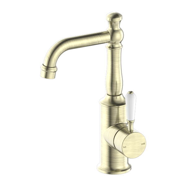 NERO YORK BASIN MIXER 265MM AGED BRASS WITH WHITE PORCELAIN LEVER