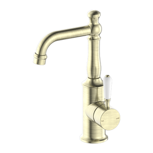 NERO YORK BASIN MIXER WITH WHITE PORCELAIN LEVER 265MM AGED BRASS