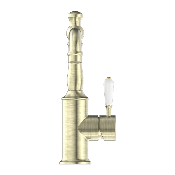 NERO YORK BASIN MIXER 265MM AGED BRASS WITH WHITE PORCELAIN LEVER