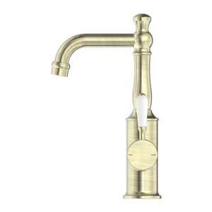 NERO YORK BASIN MIXER WITH WHITE PORCELAIN LEVER 265MM AGED BRASS